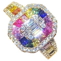 Bague moderne en or jaune 18 carats avec saphirs multicolores pour elle