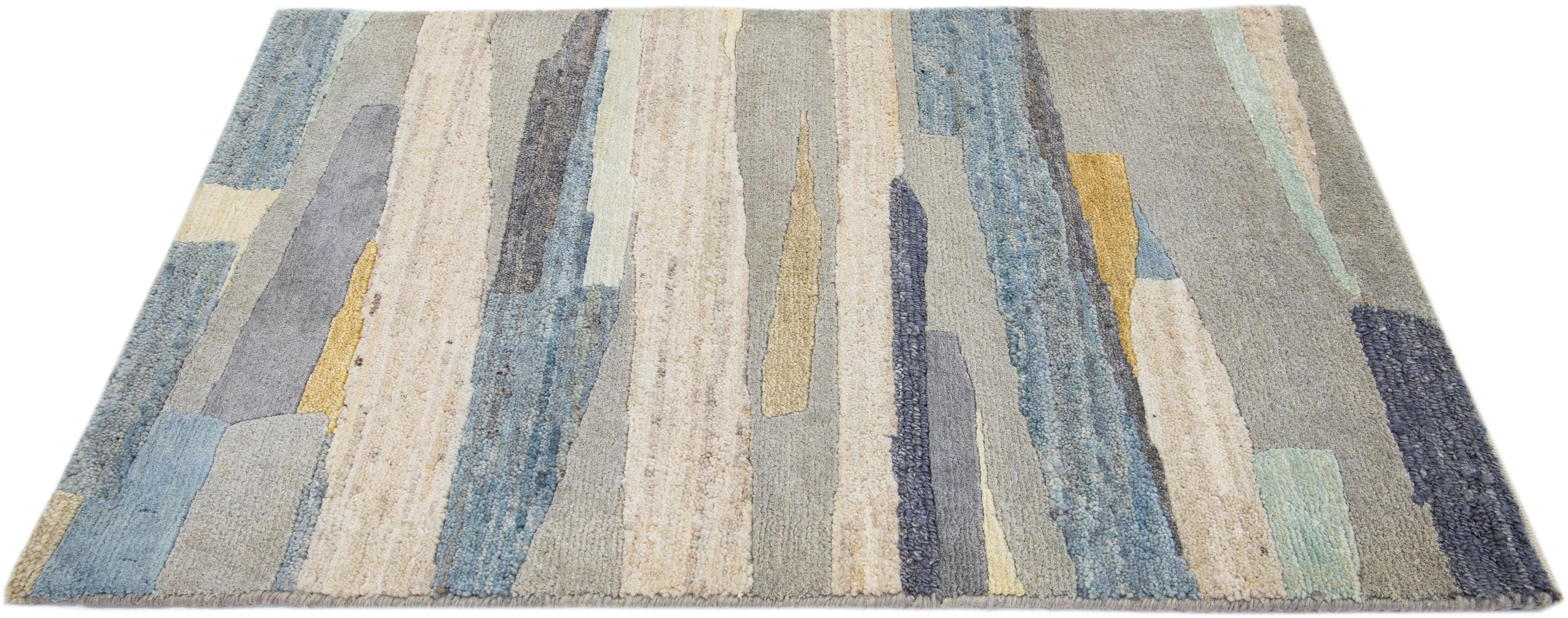 Apadana's Modern Abstract wool custom rug. Custom sizes and colors made-to-order.

Material: 16-30 Silk and Wool 100KN.
Techniques: Hand-Knotted.
Style: Modern.
Lead time: Approx. 15-16 weeks available.
Colors: As shown, other custom colors are