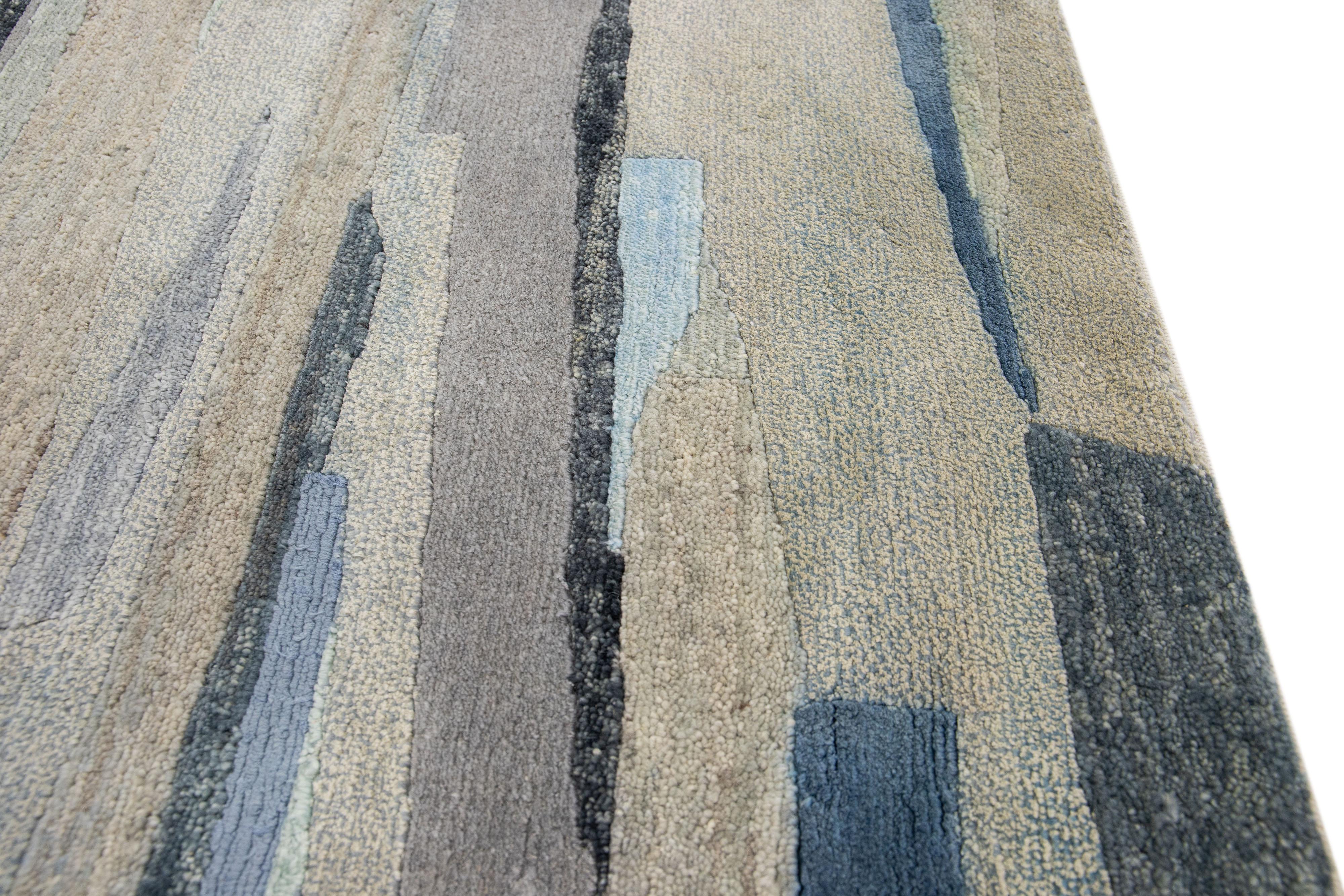 Indian Modern Multicolor Handmade Abstract Custom Wool Rug For Sale