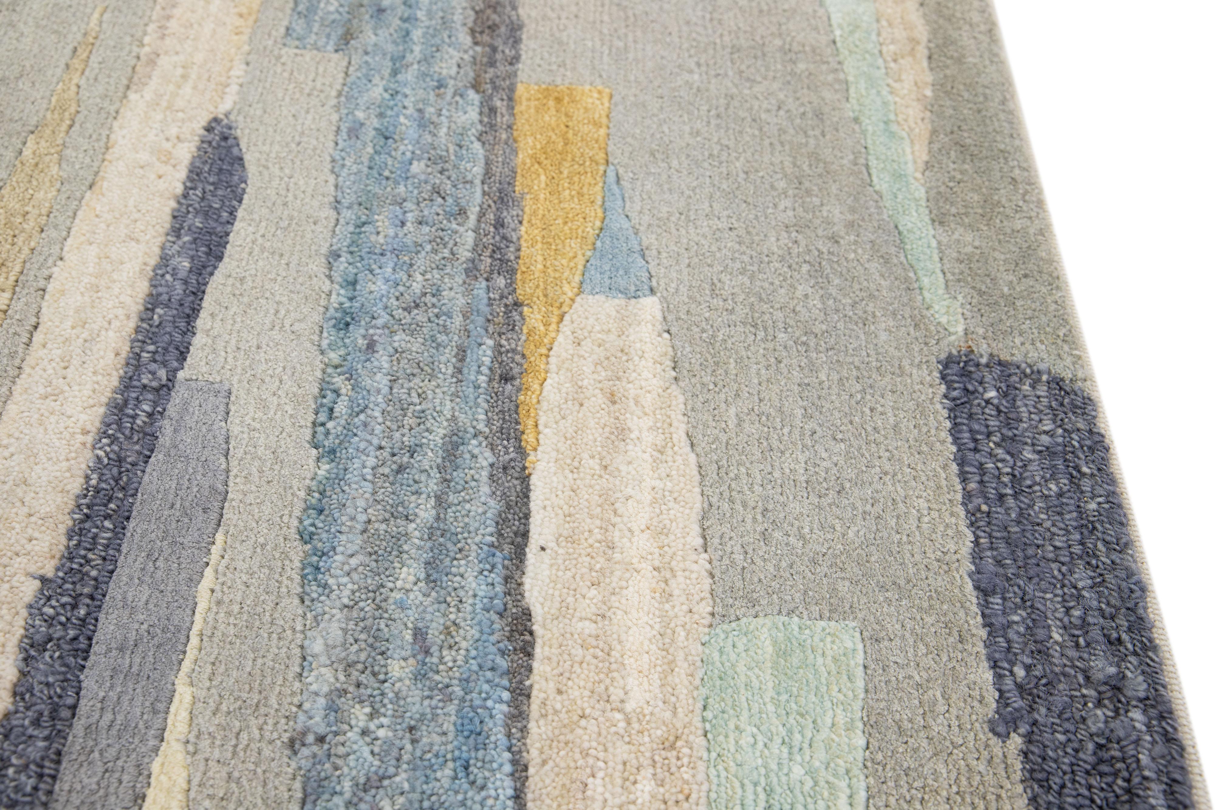 Indian Modern Multicolor Handmade Abstract Custom Wool Rug For Sale