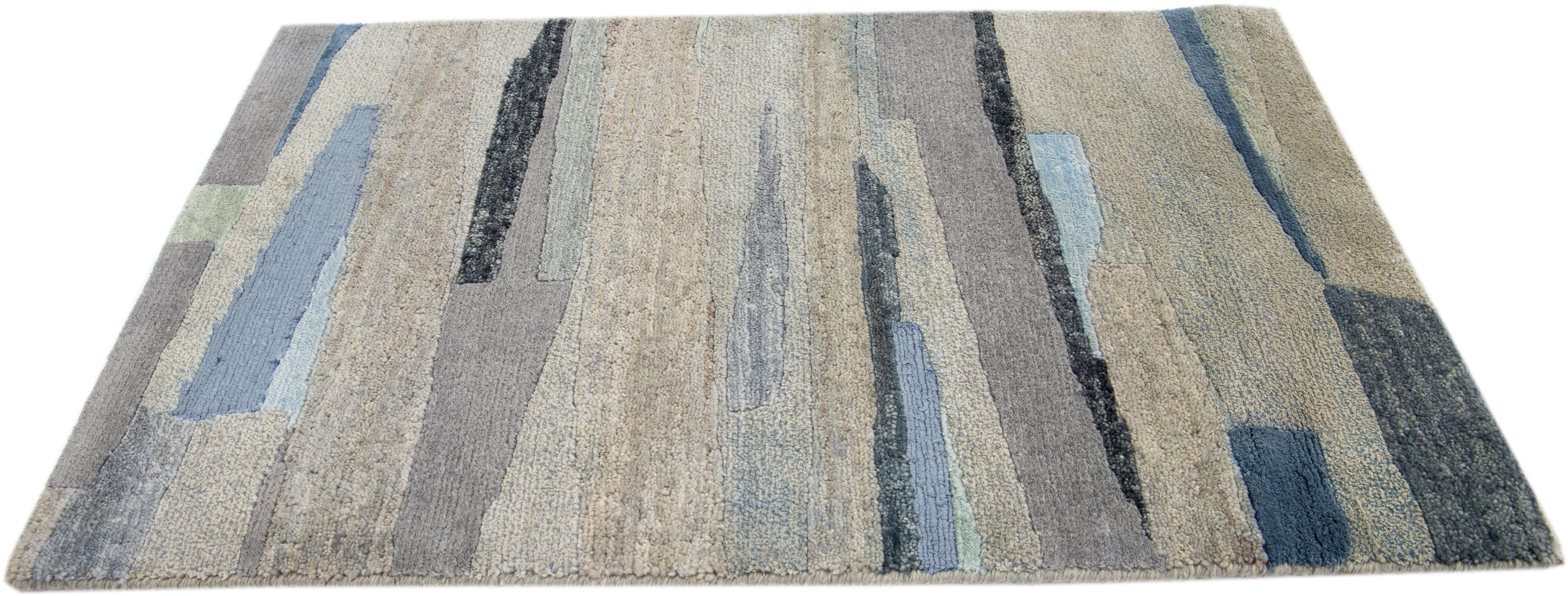 Hand-Knotted Modern Multicolor Handmade Abstract Custom Wool Rug For Sale