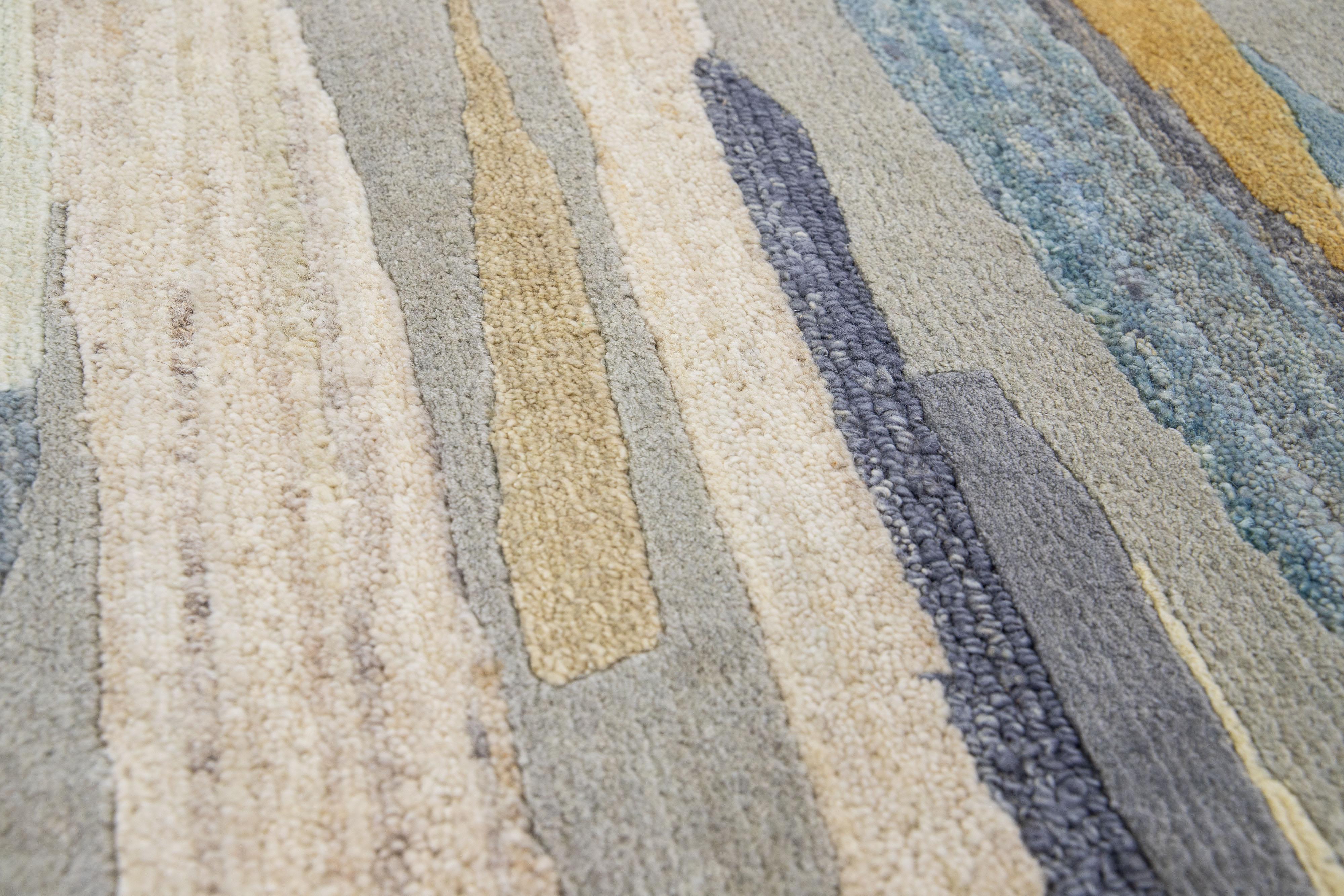 Hand-Knotted Modern Multicolor Handmade Abstract Custom Wool Rug For Sale