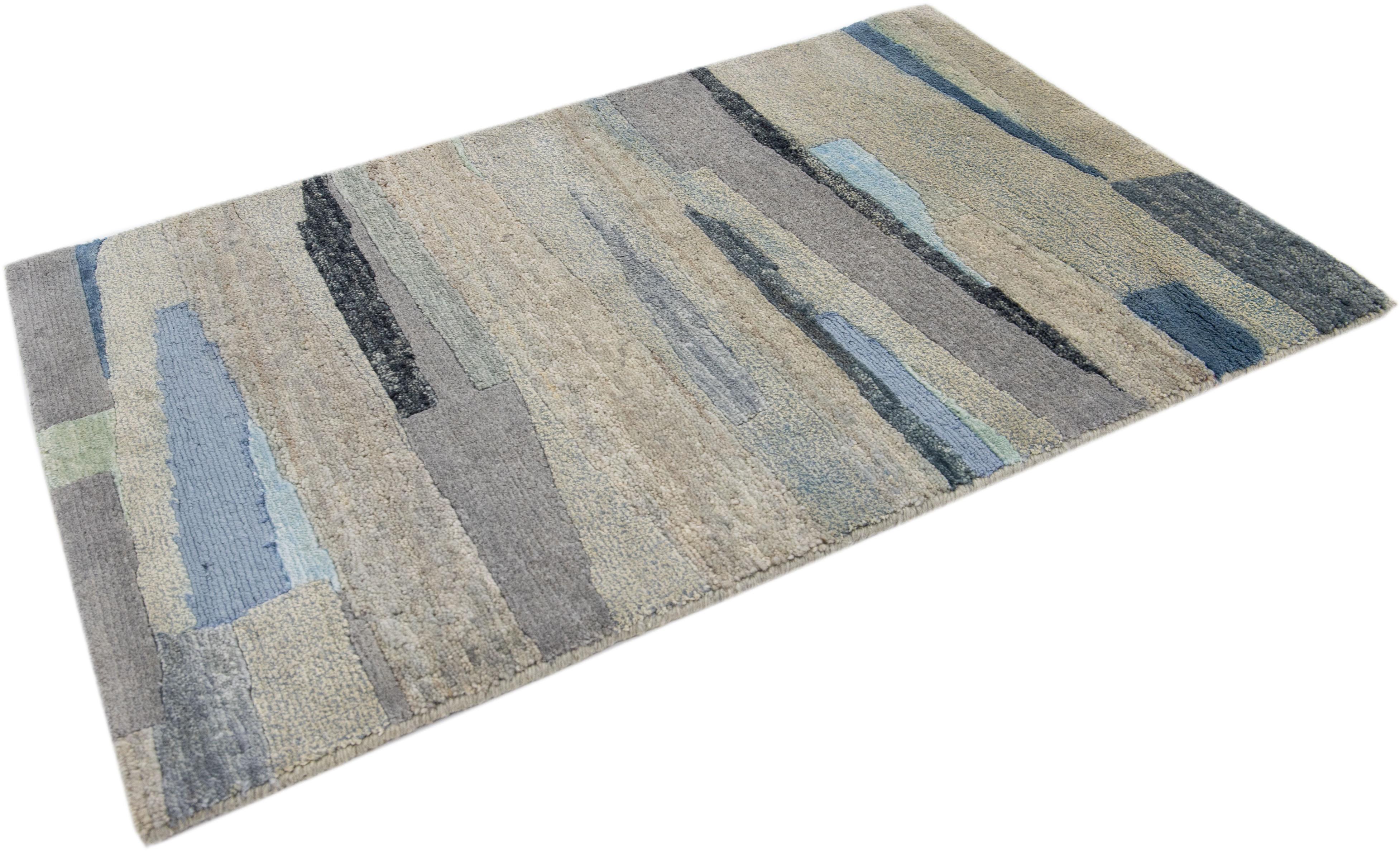Modern Multicolor Handmade Abstract Custom Wool Rug In New Condition For Sale In Norwalk, CT