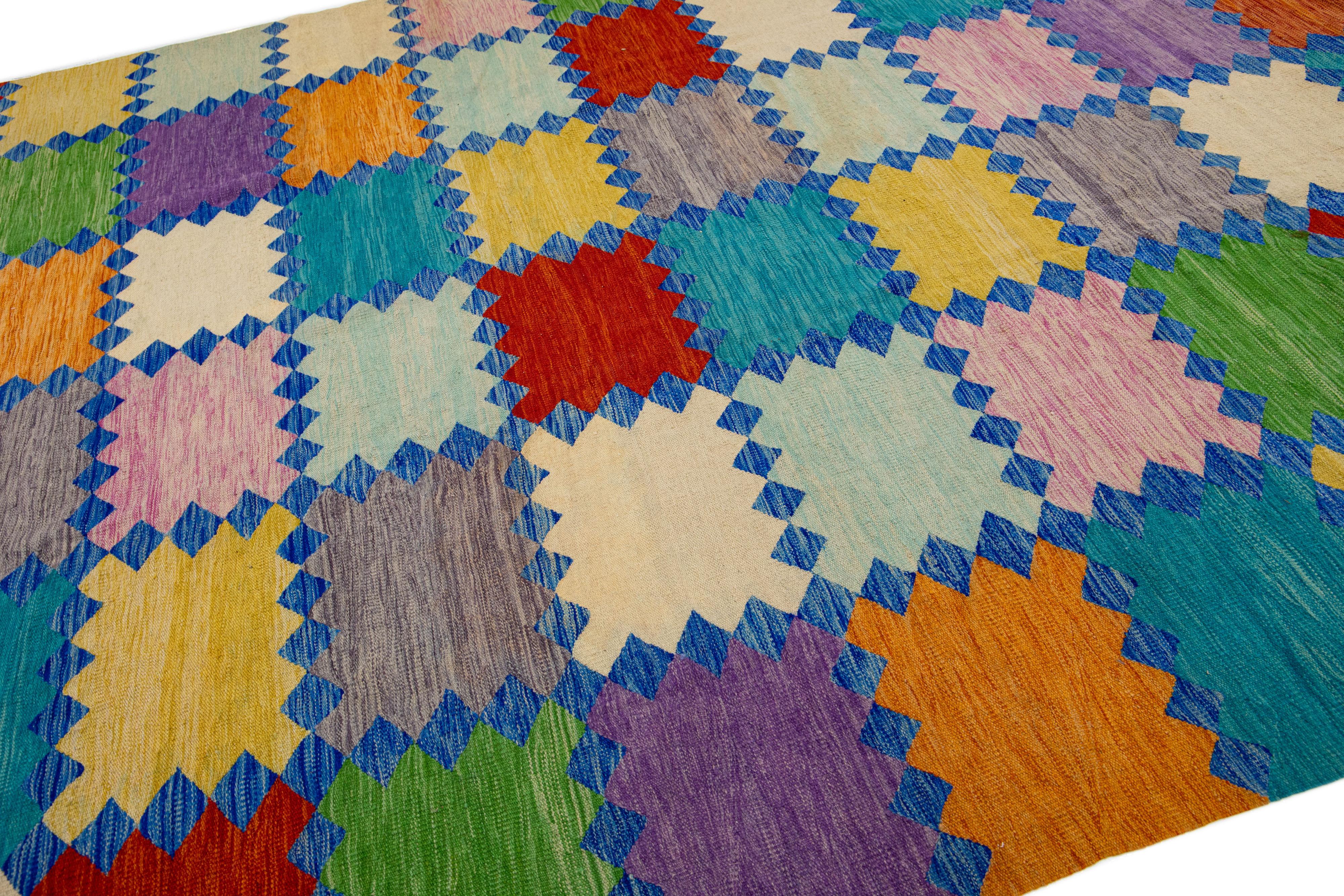 Turkish Modern Multicolor Kilim Wool Rug Flatweave with Geometric Pattern For Sale