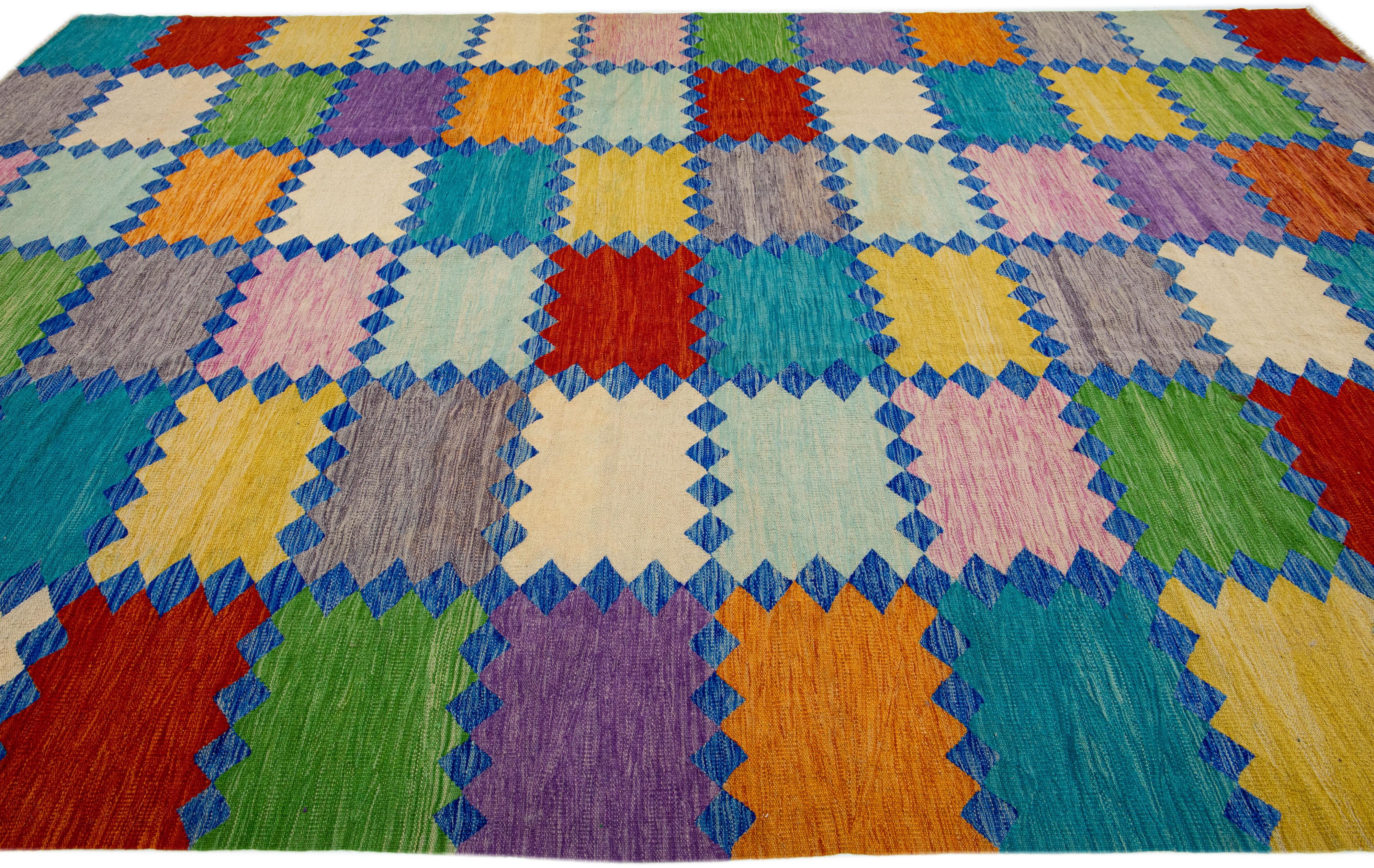 Hand-Knotted Modern Multicolor Kilim Wool Rug Flatweave with Geometric Pattern For Sale