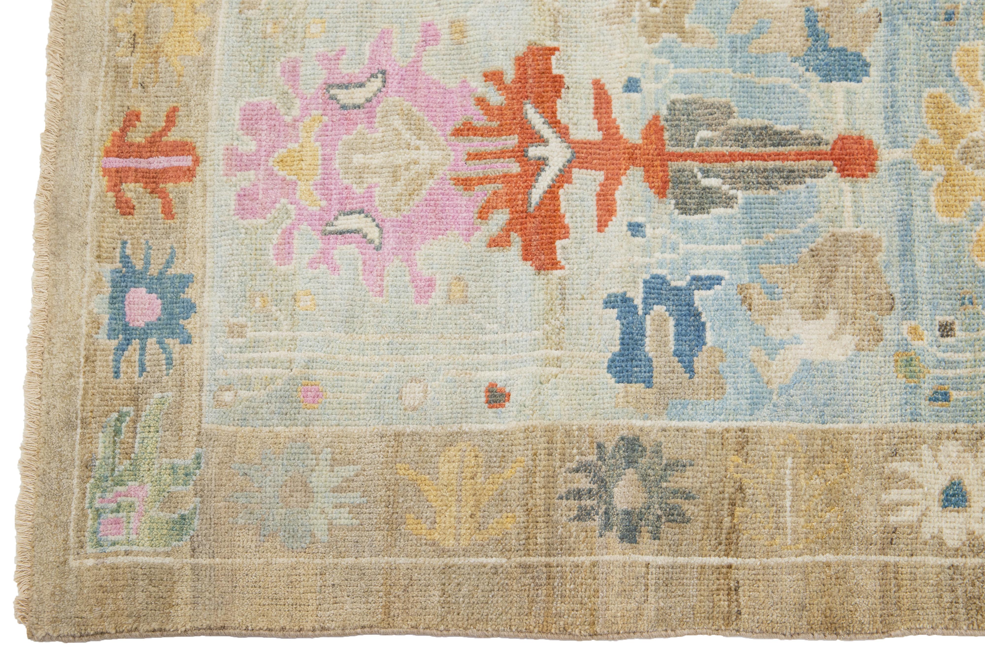 Hand-Knotted Modern Multicolor Mahal Handmade Floral Wool Runner For Sale