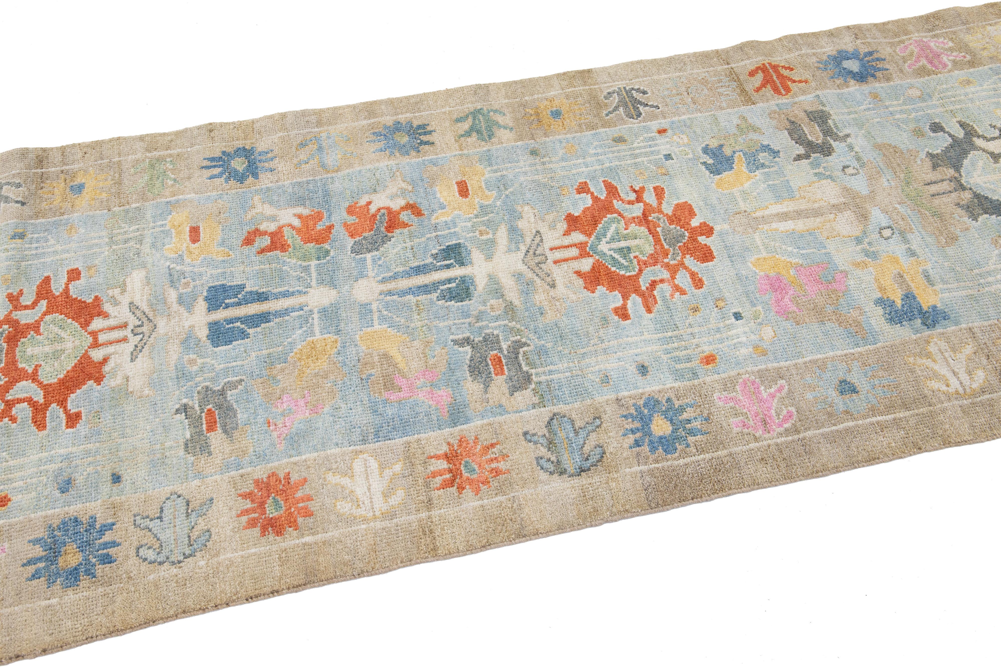 Contemporary Modern Multicolor Mahal Handmade Floral Wool Runner For Sale