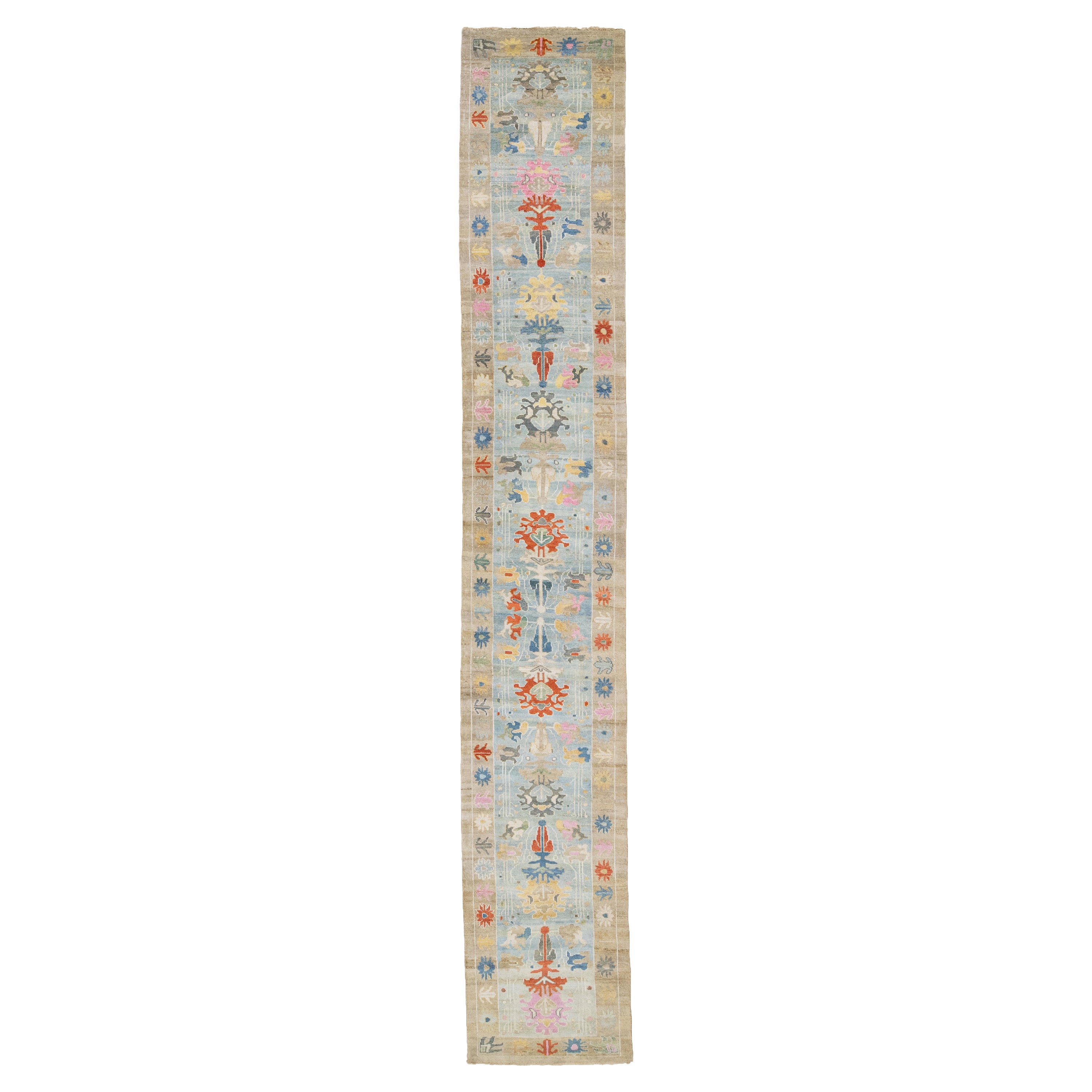 Modern Multicolor Mahal Handmade Floral Wool Runner For Sale