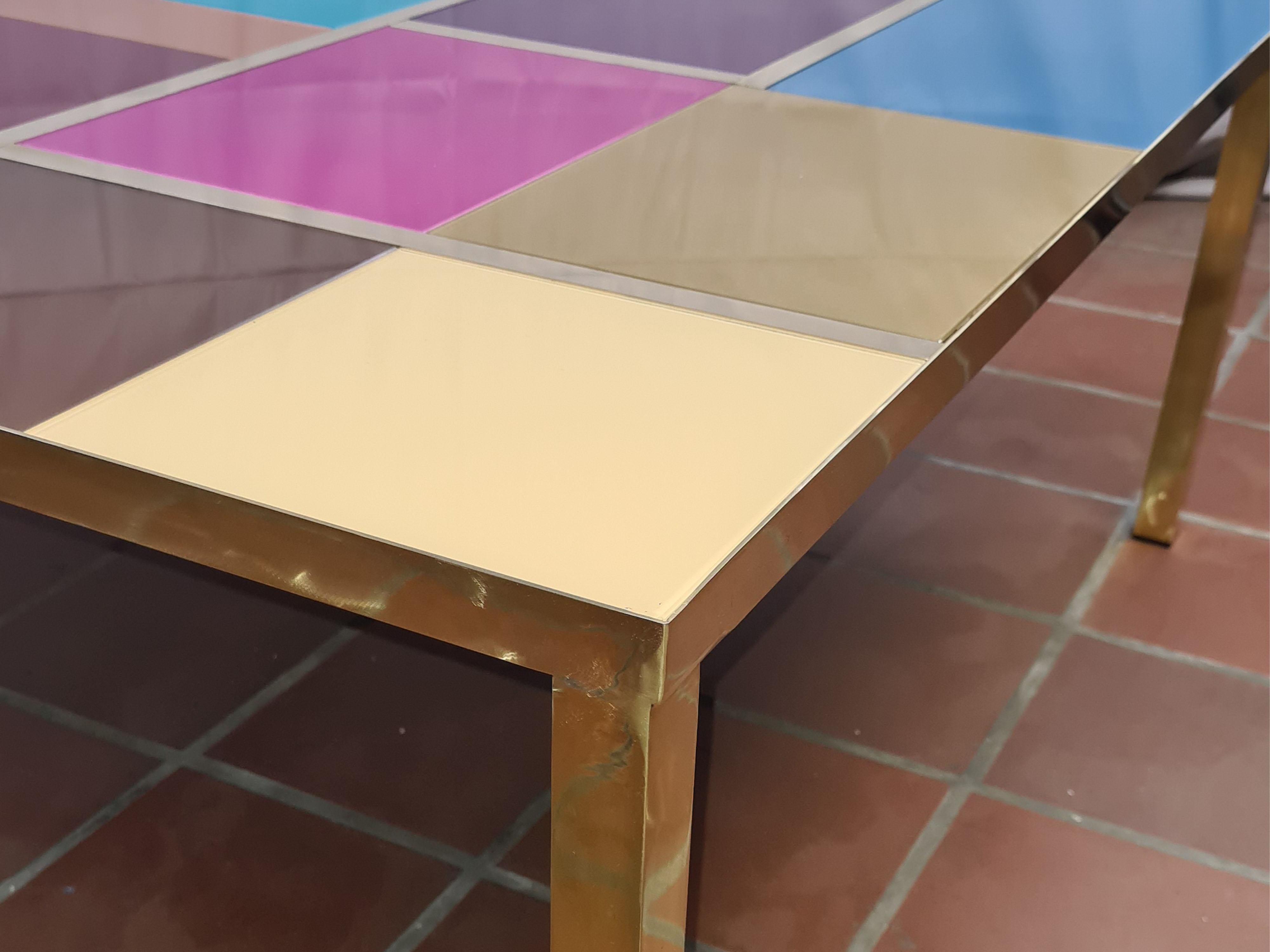 Italian Modern Multicolor Murano Glass Coffee Table with Brass trim Available For Sale