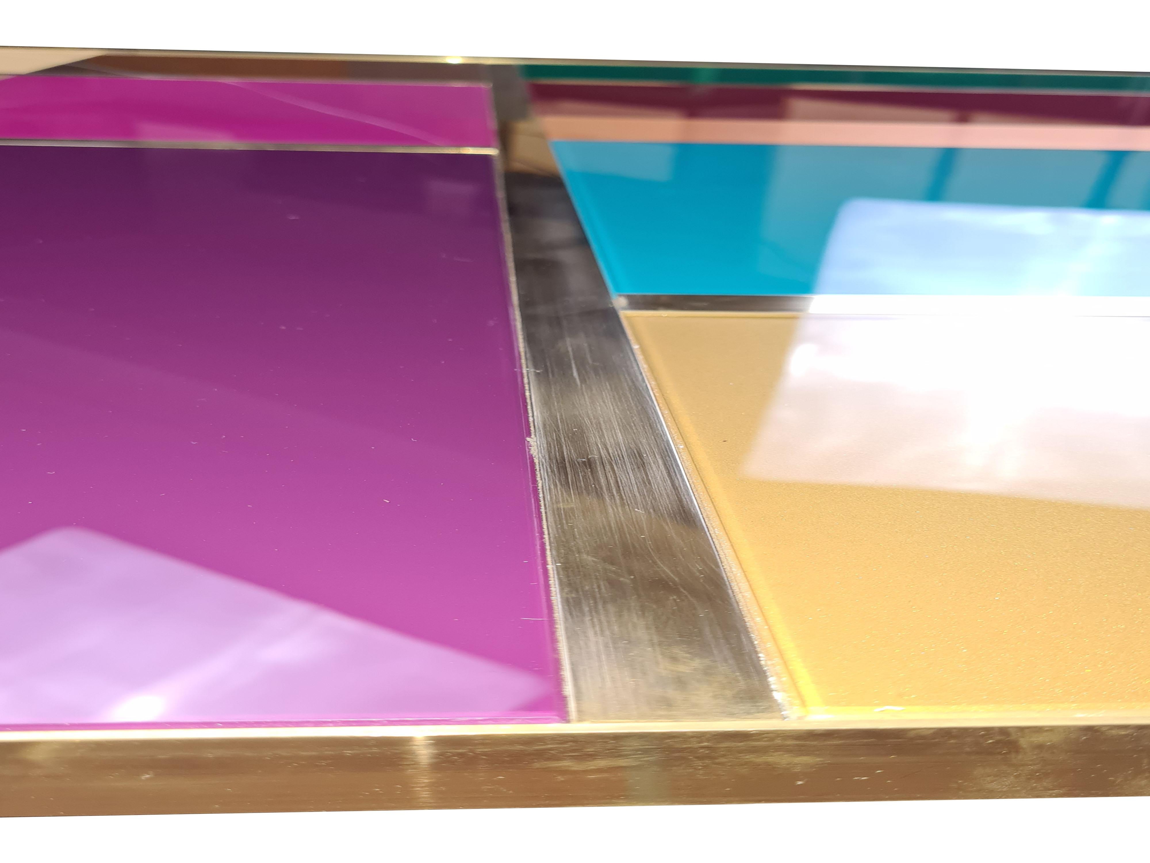 Contemporary Modern Multicolor Murano Glass Coffee Table with Brass trim Available For Sale