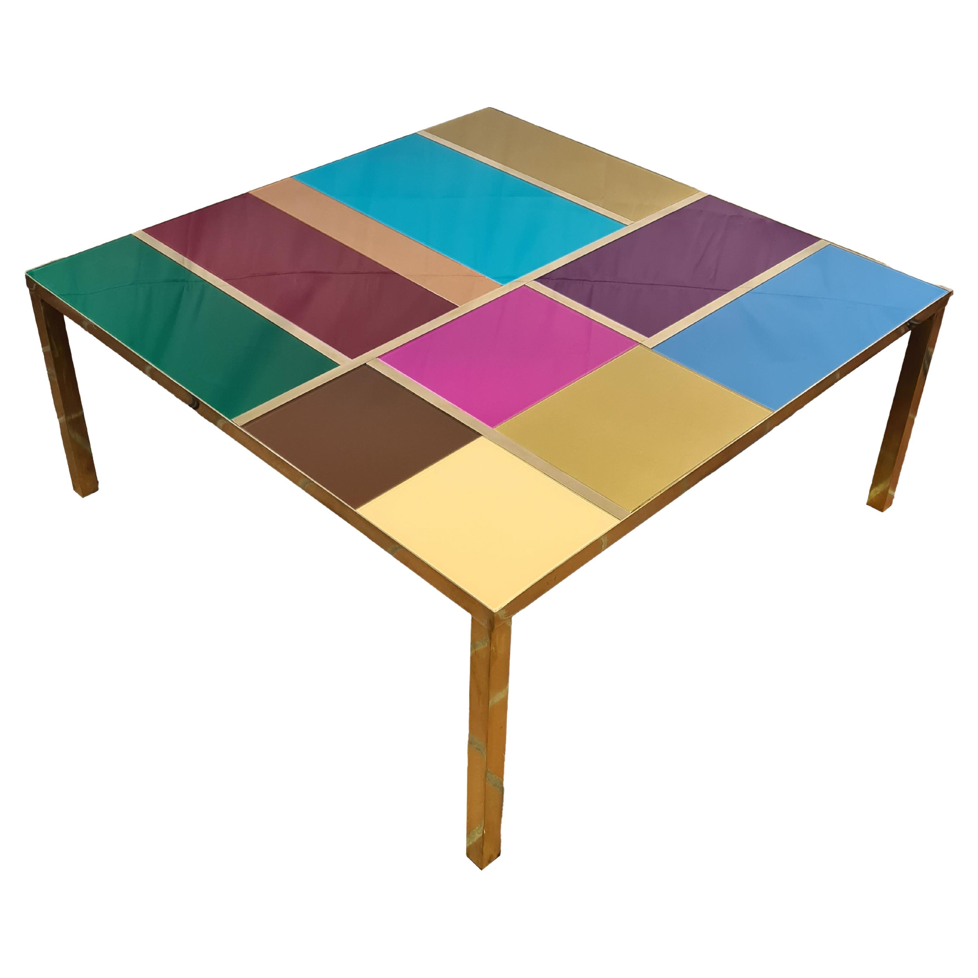 Modern Multicolor Murano Glass Coffee Table with Brass trim Available For Sale