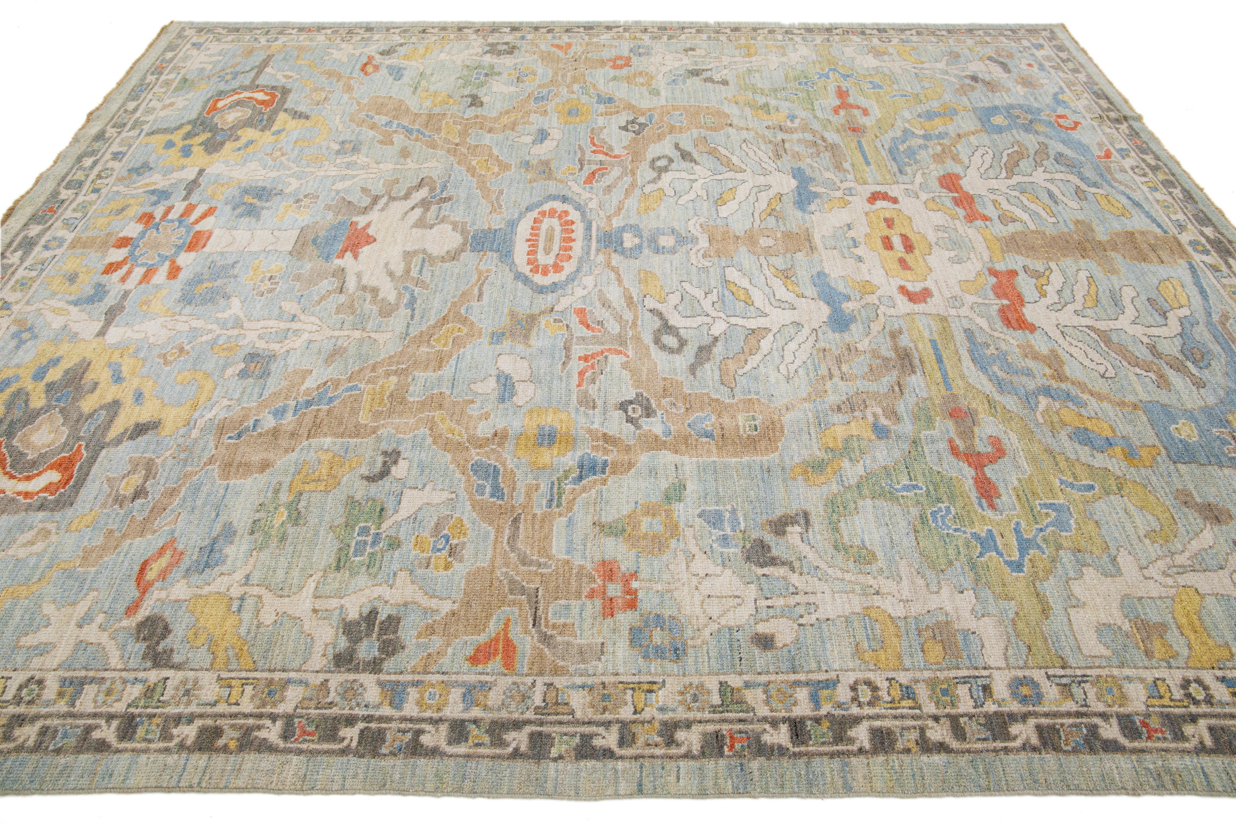 Hand-Knotted Modern Multicolor Sultanabad Room Size Wool Rug with Allover Motif For Sale