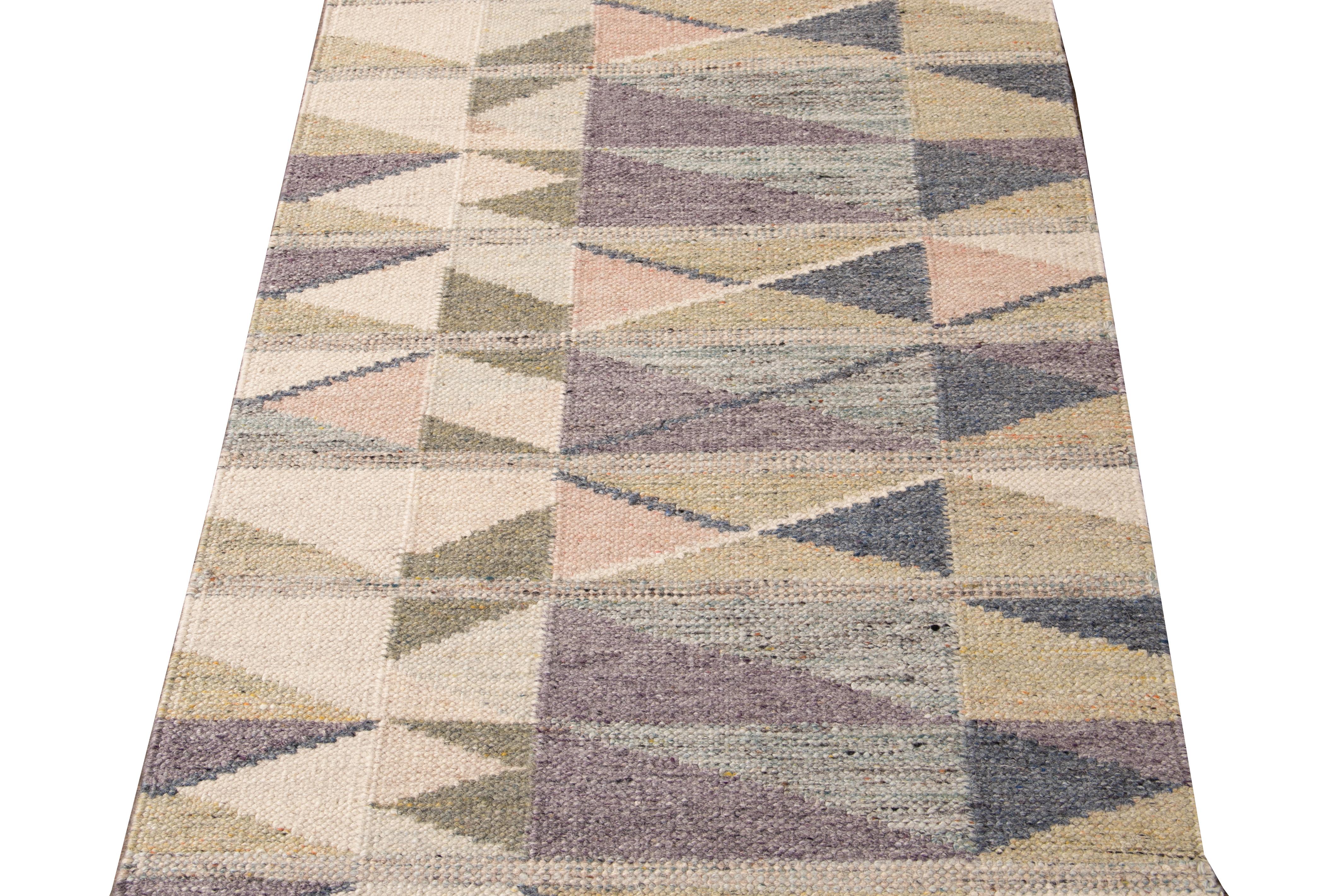 Modern Multicolor Swedish Style Handmade Geometric Abstract Long Wool Runner For Sale 3