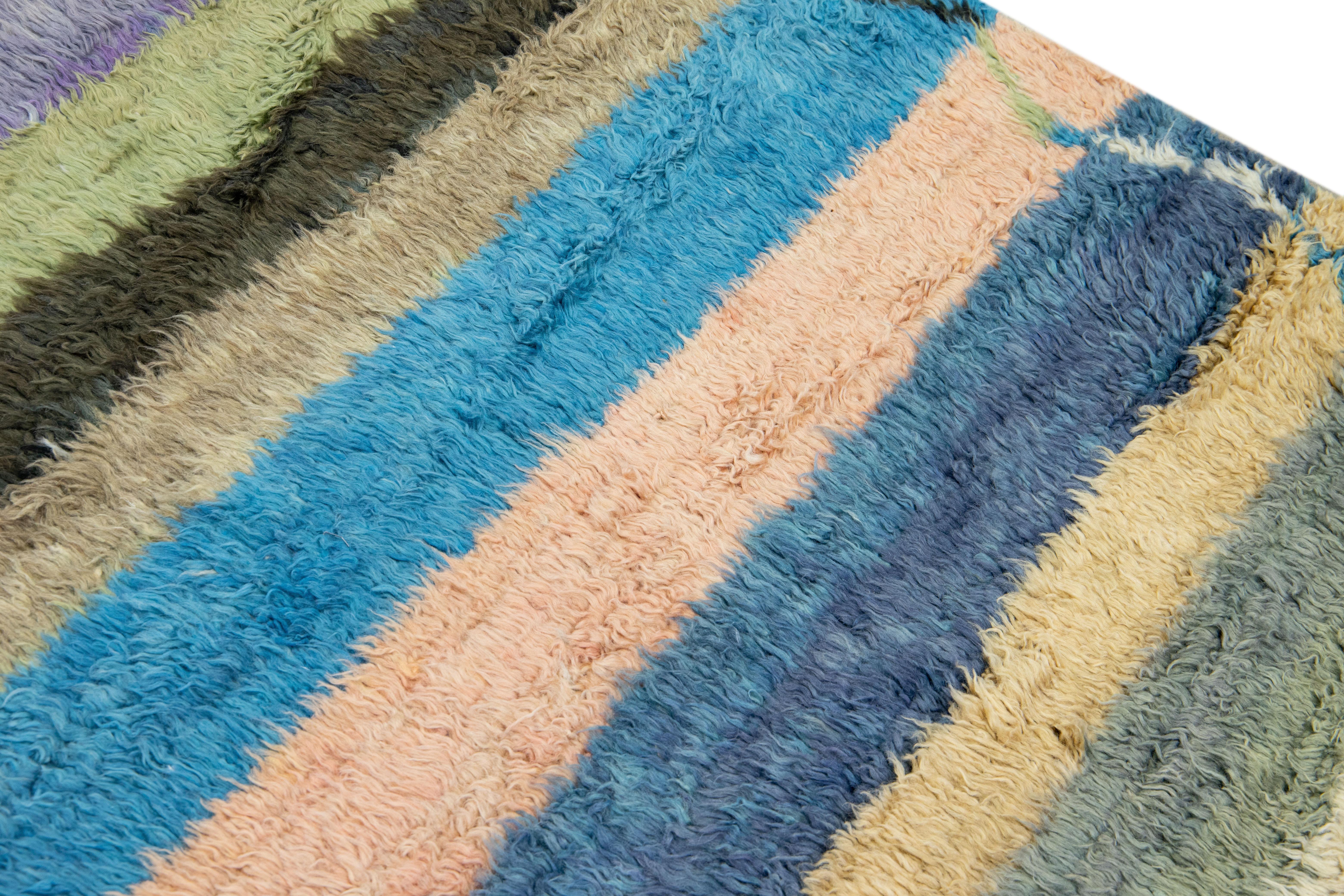 Modern Multicolor Tulu Handmade Striped Pattern Wool Rug For Sale 4