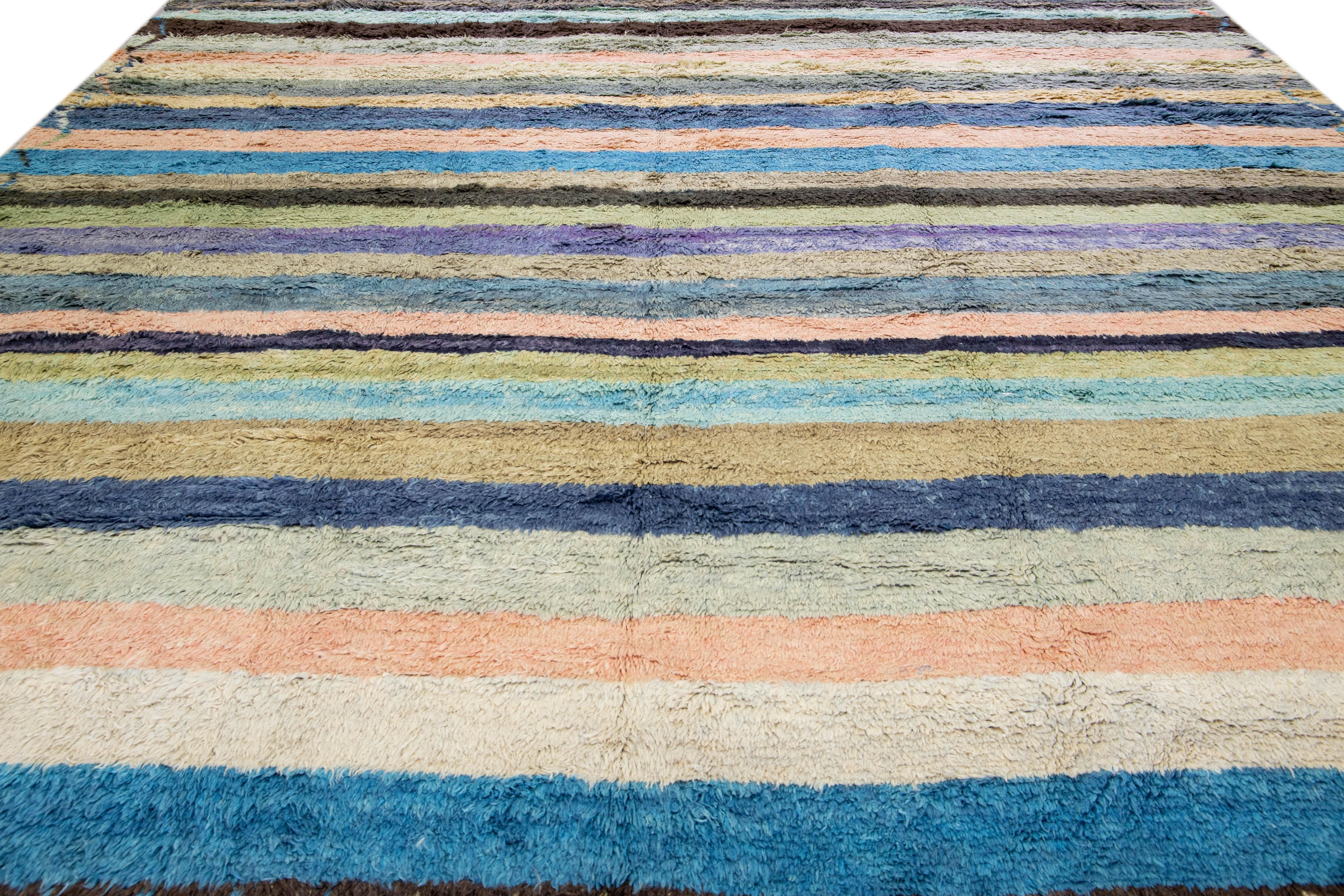 Turkish Modern Multicolor Tulu Handmade Striped Pattern Wool Rug For Sale