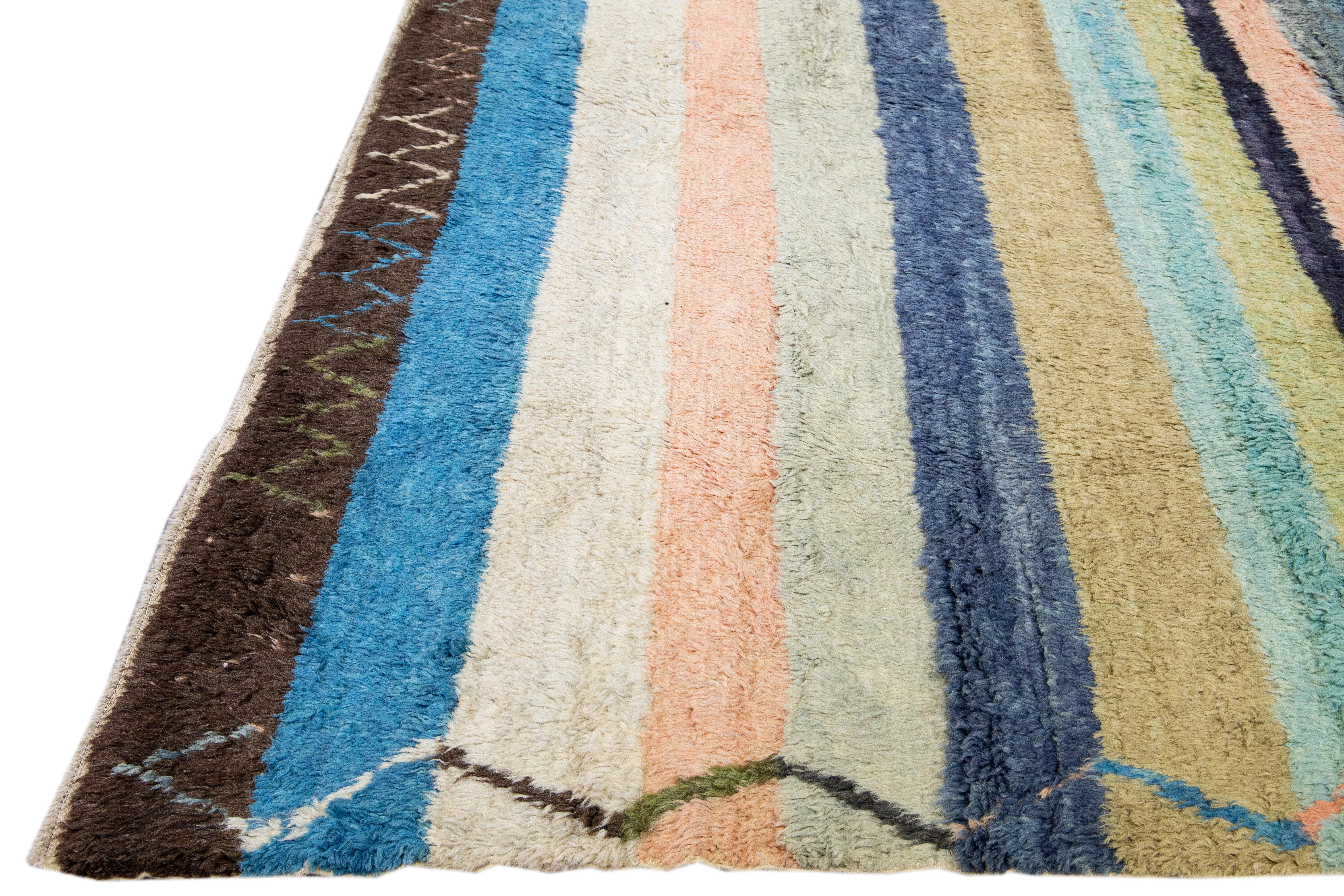 Hand-Knotted Modern Multicolor Tulu Handmade Striped Pattern Wool Rug For Sale