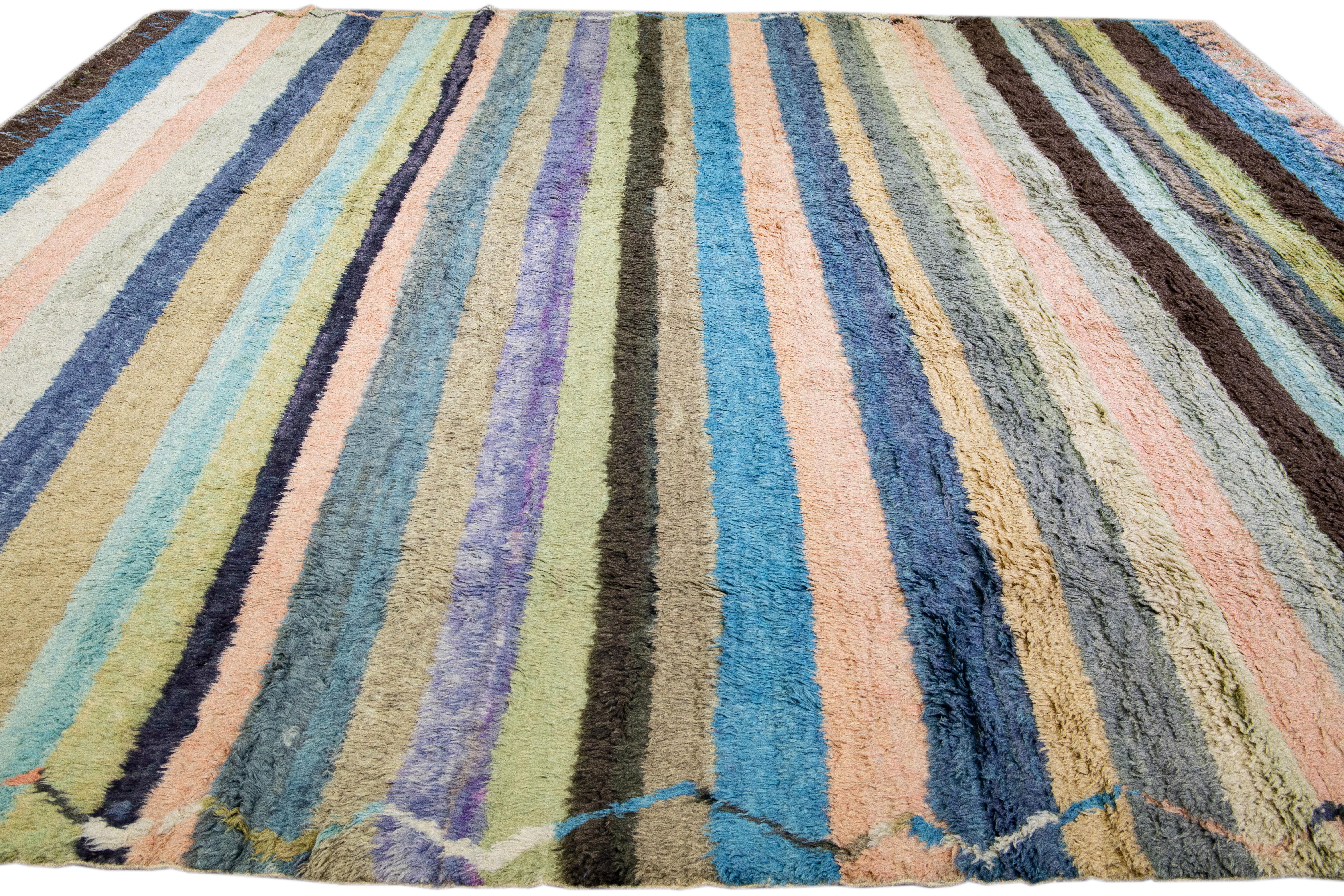 Modern Multicolor Tulu Handmade Striped Pattern Wool Rug In New Condition For Sale In Norwalk, CT