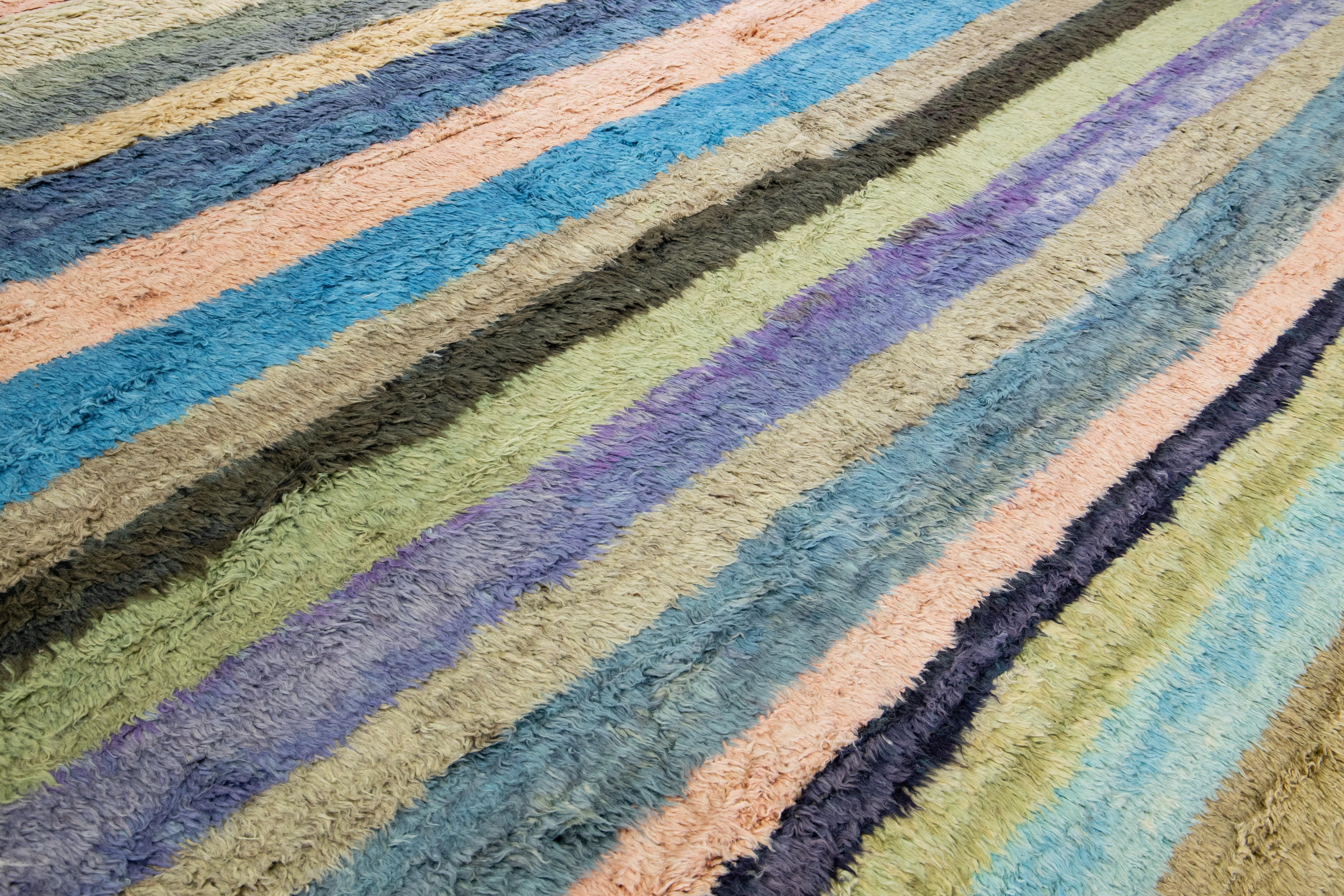 Contemporary Modern Multicolor Tulu Handmade Striped Pattern Wool Rug For Sale