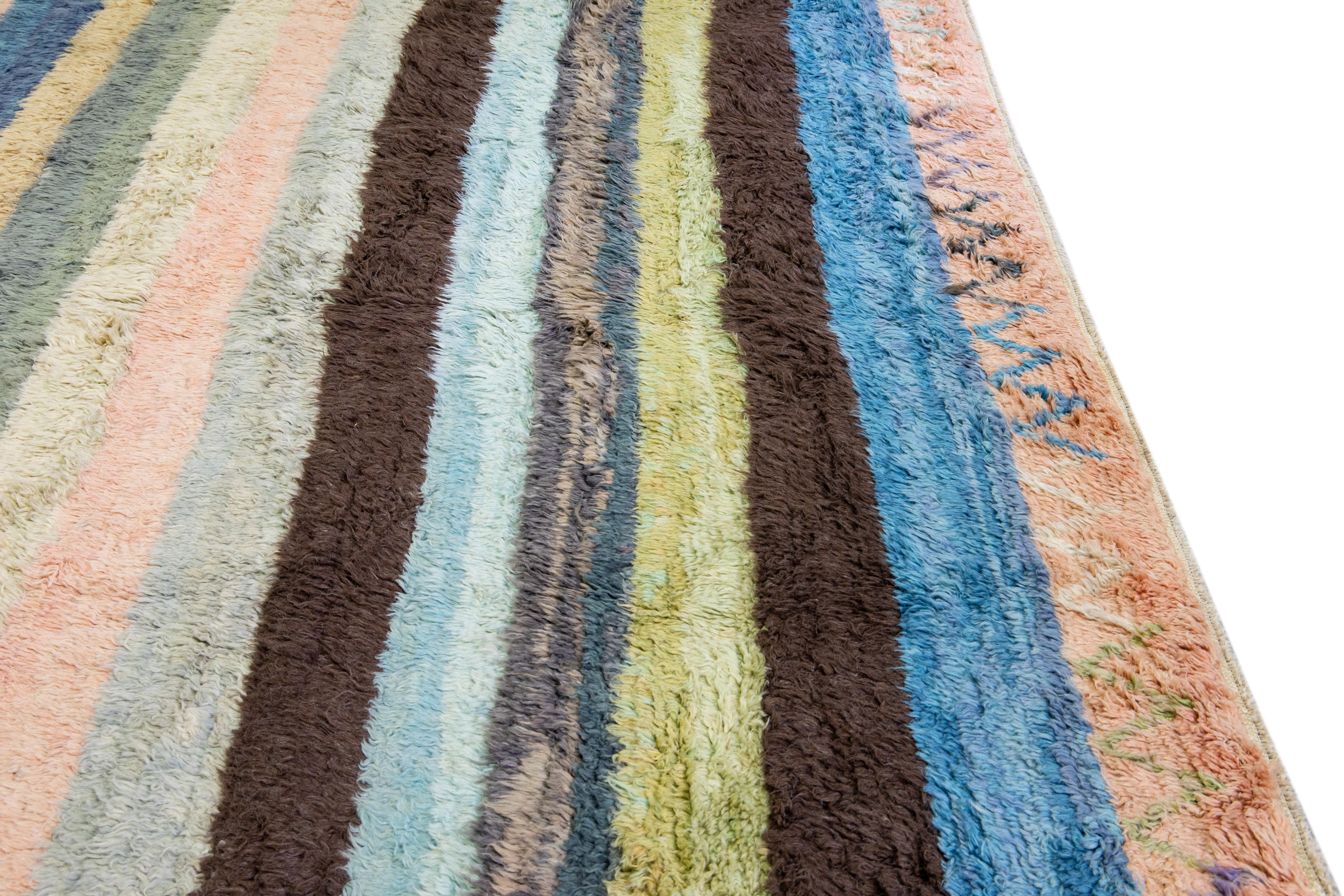 Modern Multicolor Tulu Handmade Striped Pattern Wool Rug For Sale 2