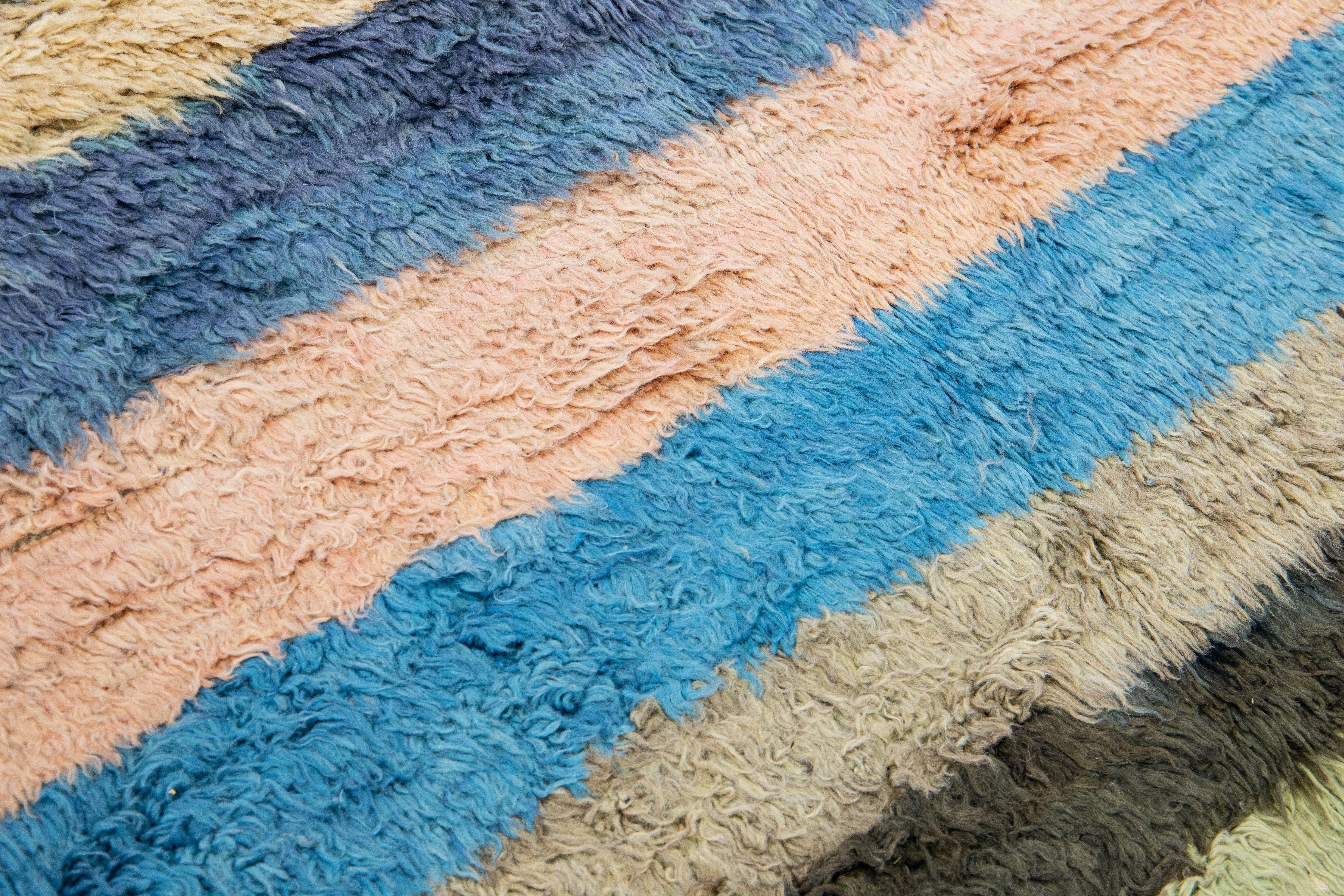 Modern Multicolor Tulu Handmade Striped Pattern Wool Rug For Sale 3