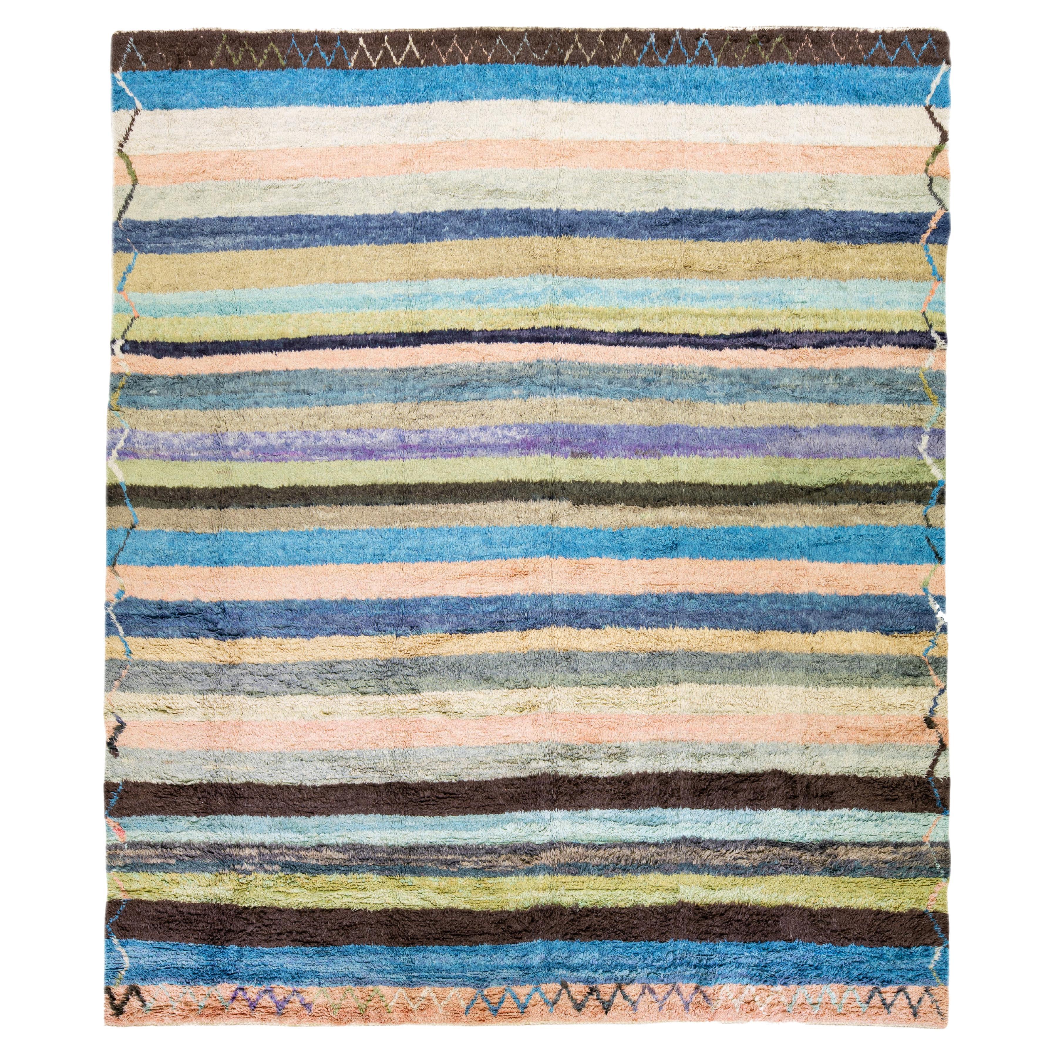 Modern Multicolor Tulu Handmade Striped Pattern Wool Rug For Sale