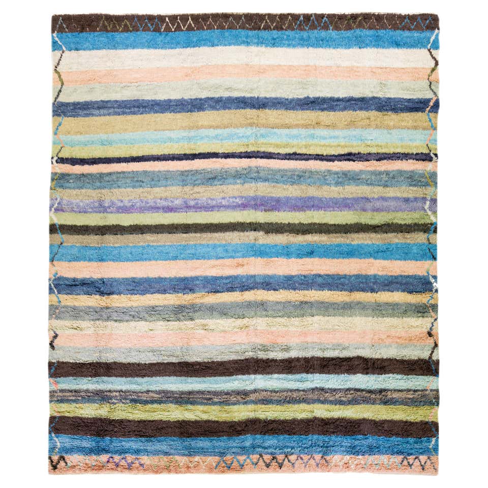 Rug and Kilim's Modern Tulu Transitional Brown and Multi-Color Striped ...