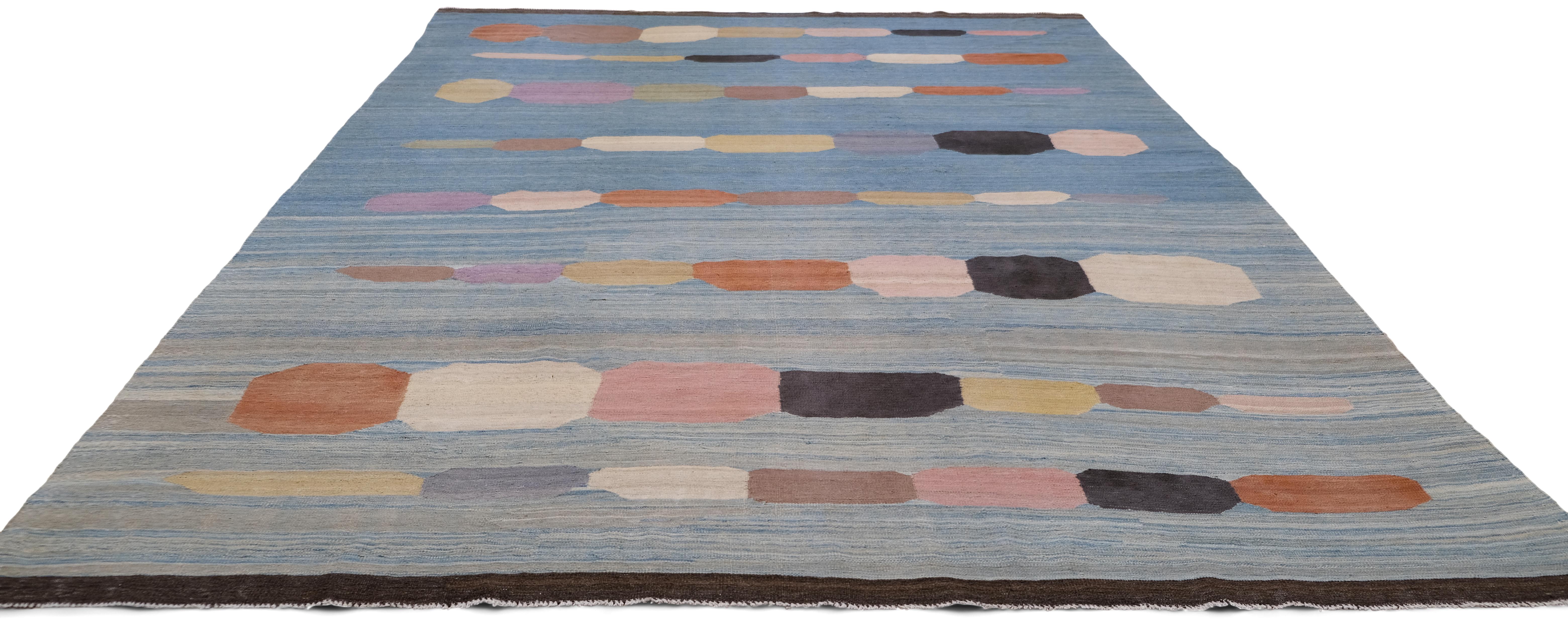 Moderno Kilim moderno in lana pregiata multicolore 9'x12'3'' in vendita
