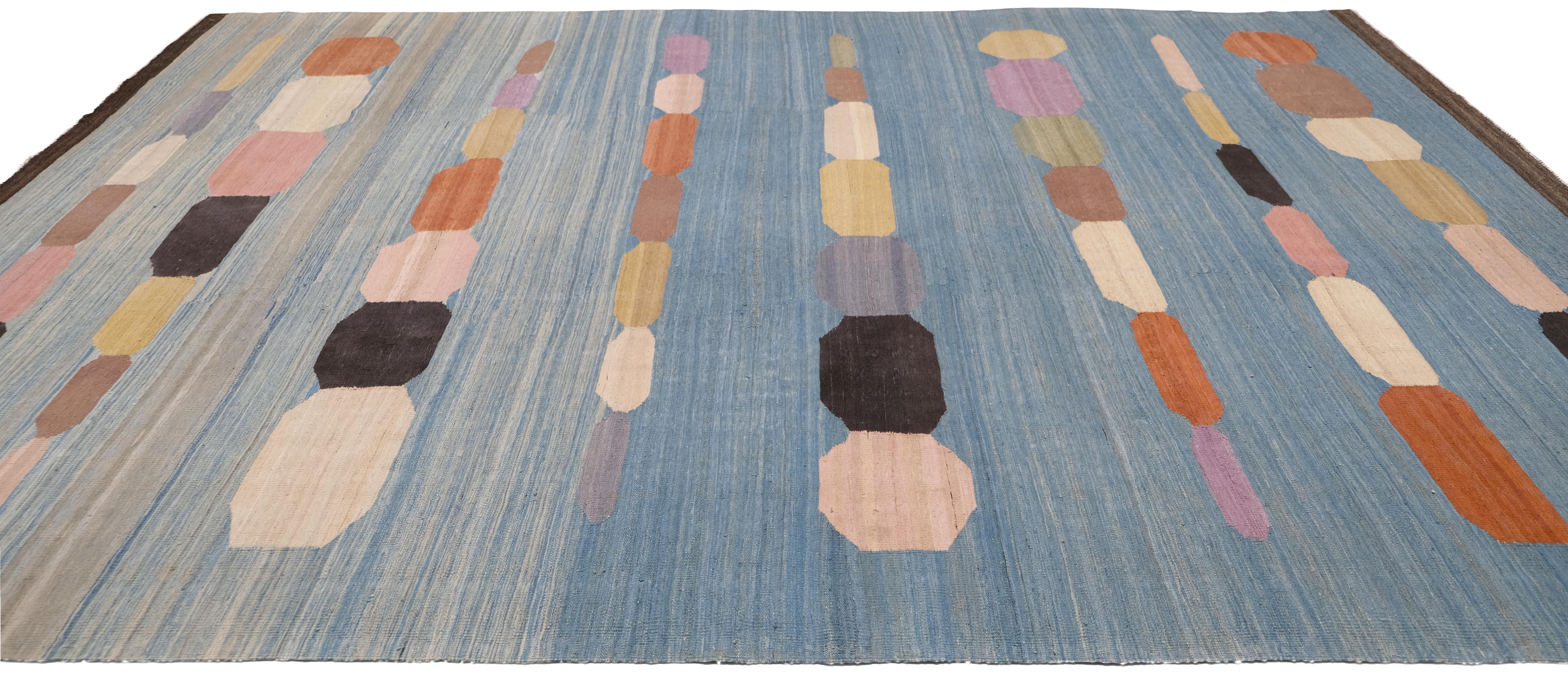 Afghano Kilim moderno in lana pregiata multicolore 9'x12'3'' in vendita