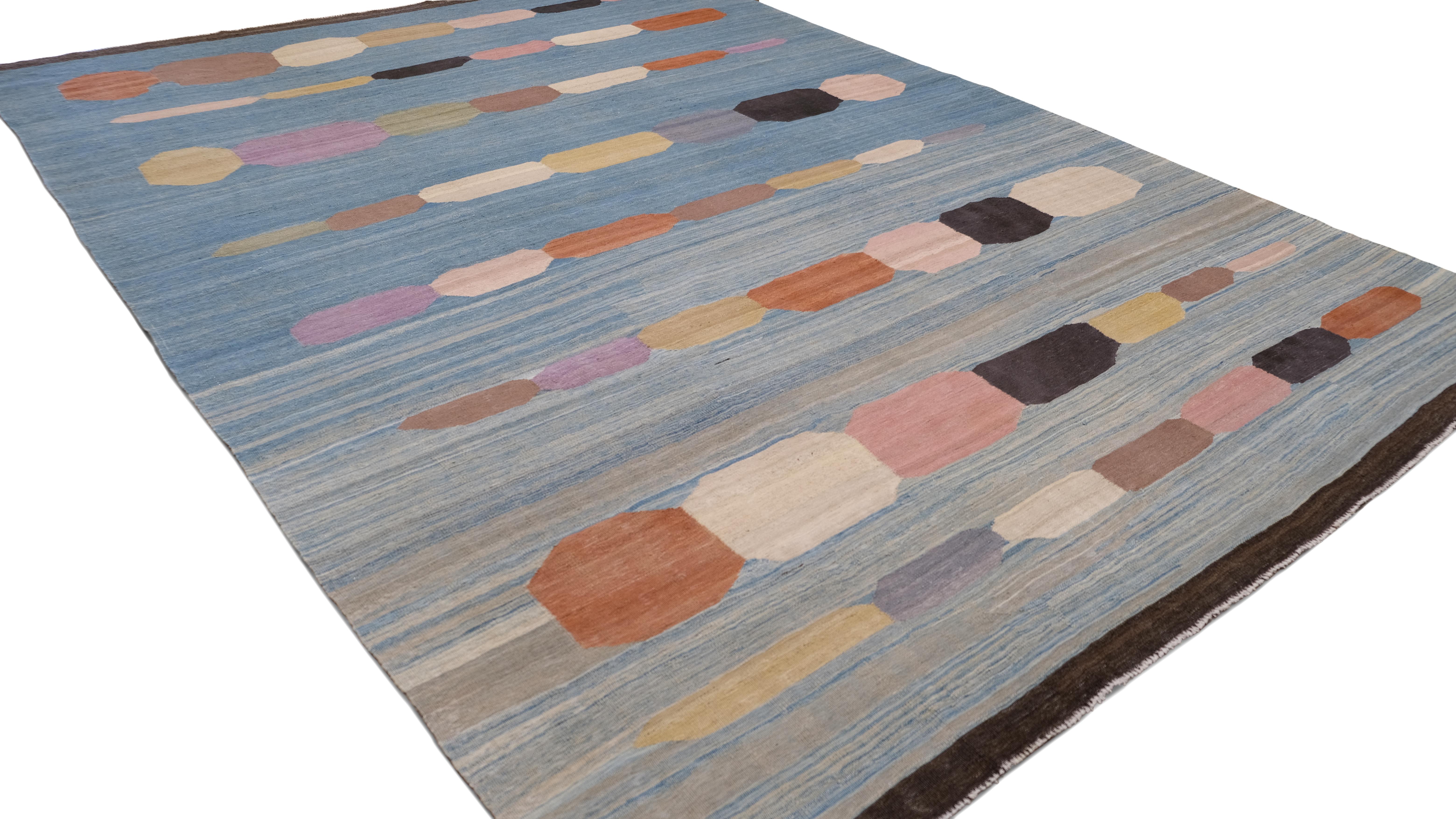Tessuto a mano Kilim moderno in lana pregiata multicolore 9'x12'3'' in vendita