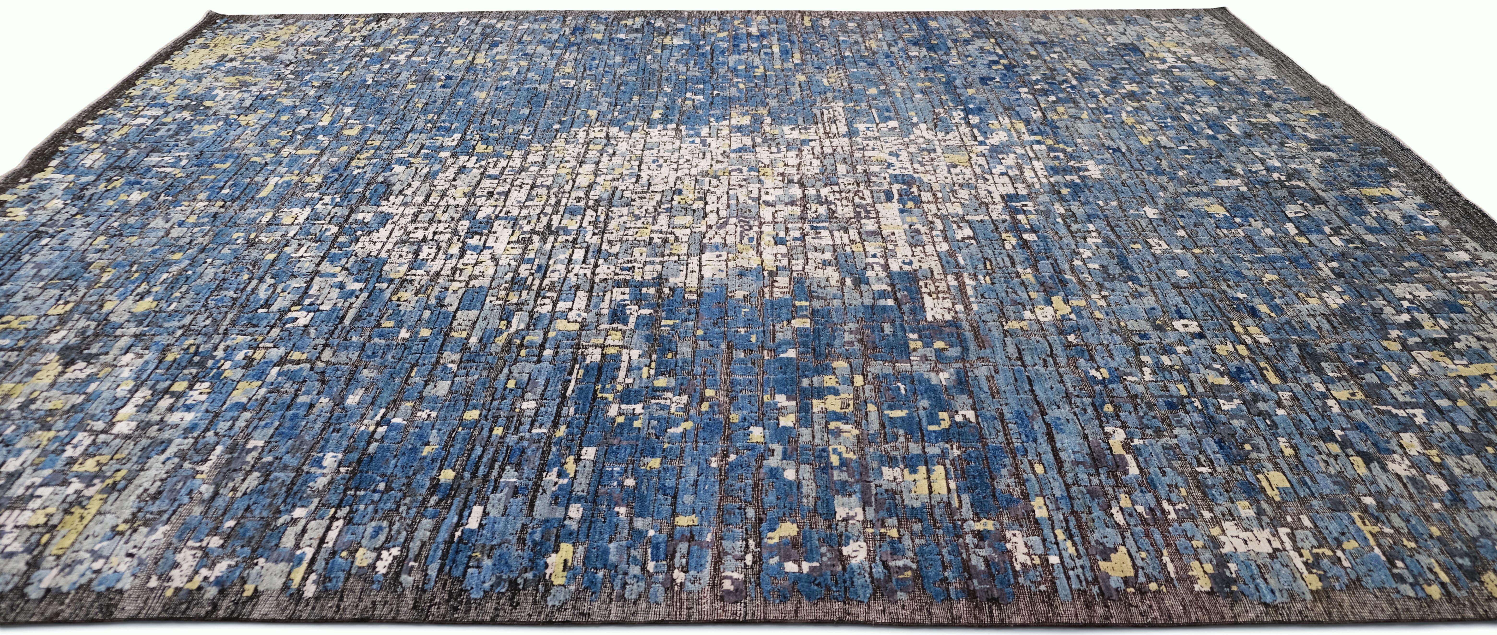 Modern Multicolored Mosaic-Cubist Wool and Silk Rug 10'2''x13' (Moderne) im Angebot