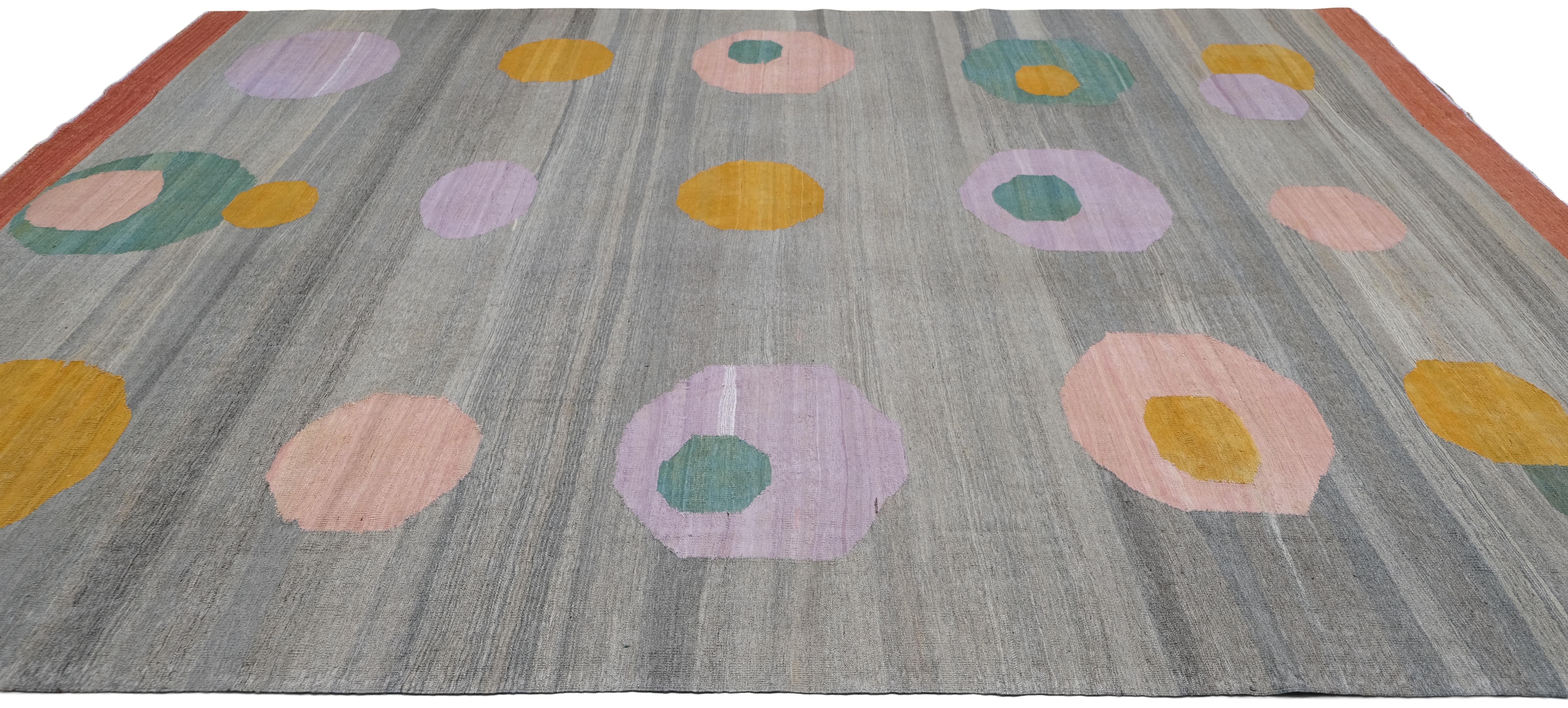 Moderner mehrfarbiger gemusterter gepunkteter Woll-Kelim-Teppich 9'x12'3'' (Afghanisch) im Angebot
