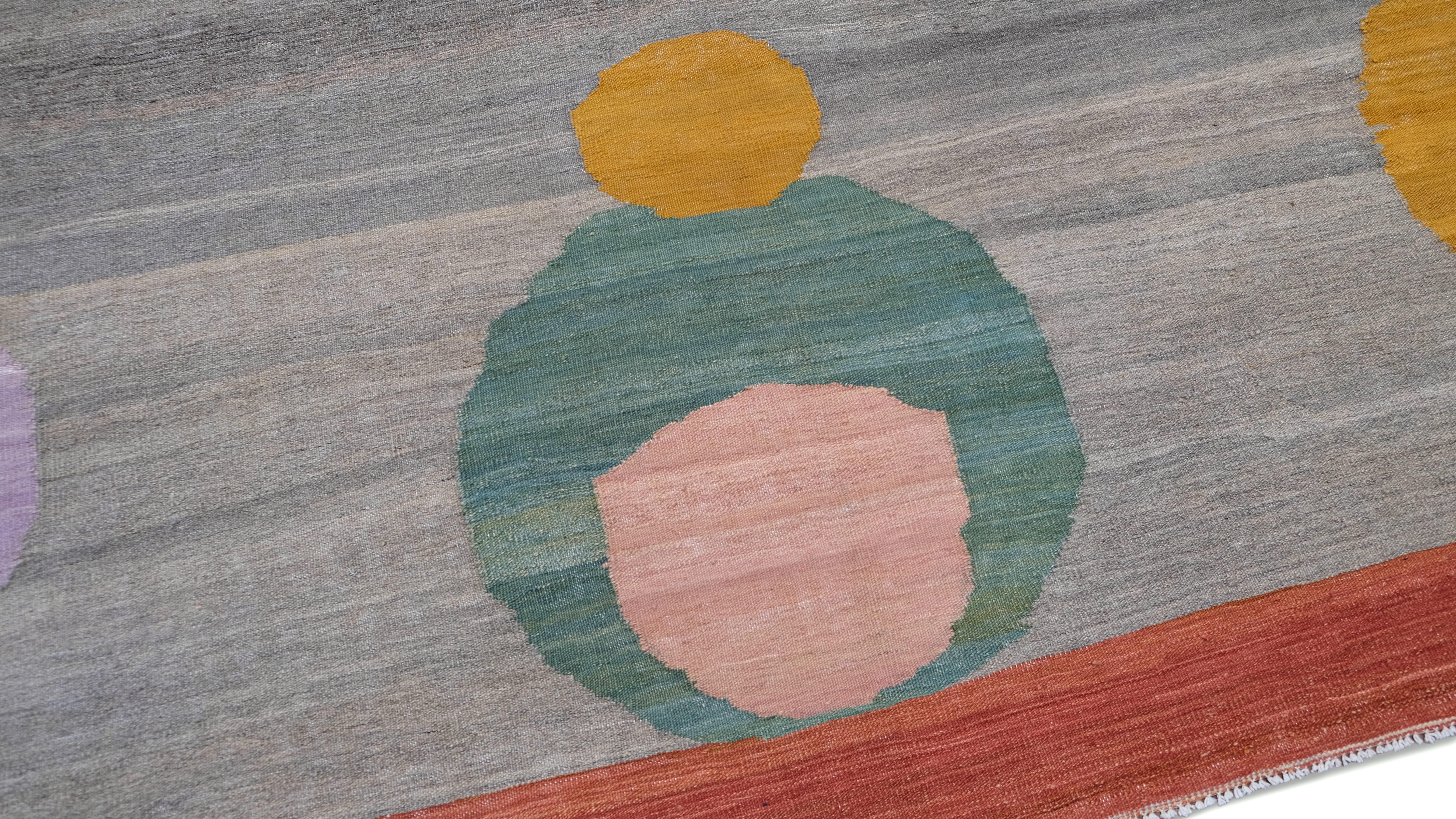 Moderner mehrfarbiger gemusterter gepunkteter Woll-Kelim-Teppich 9'x12'3'' im Zustand „Neu“ im Angebot in Torrance, CA
