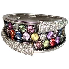 Modern Multicolored Sapphire and Brilliant Cut Diamond 18 Karat Yellow Gold Ring