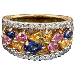 Modern Multicolored Sapphire and Diamond 14 Karat Yellow Gold Ring