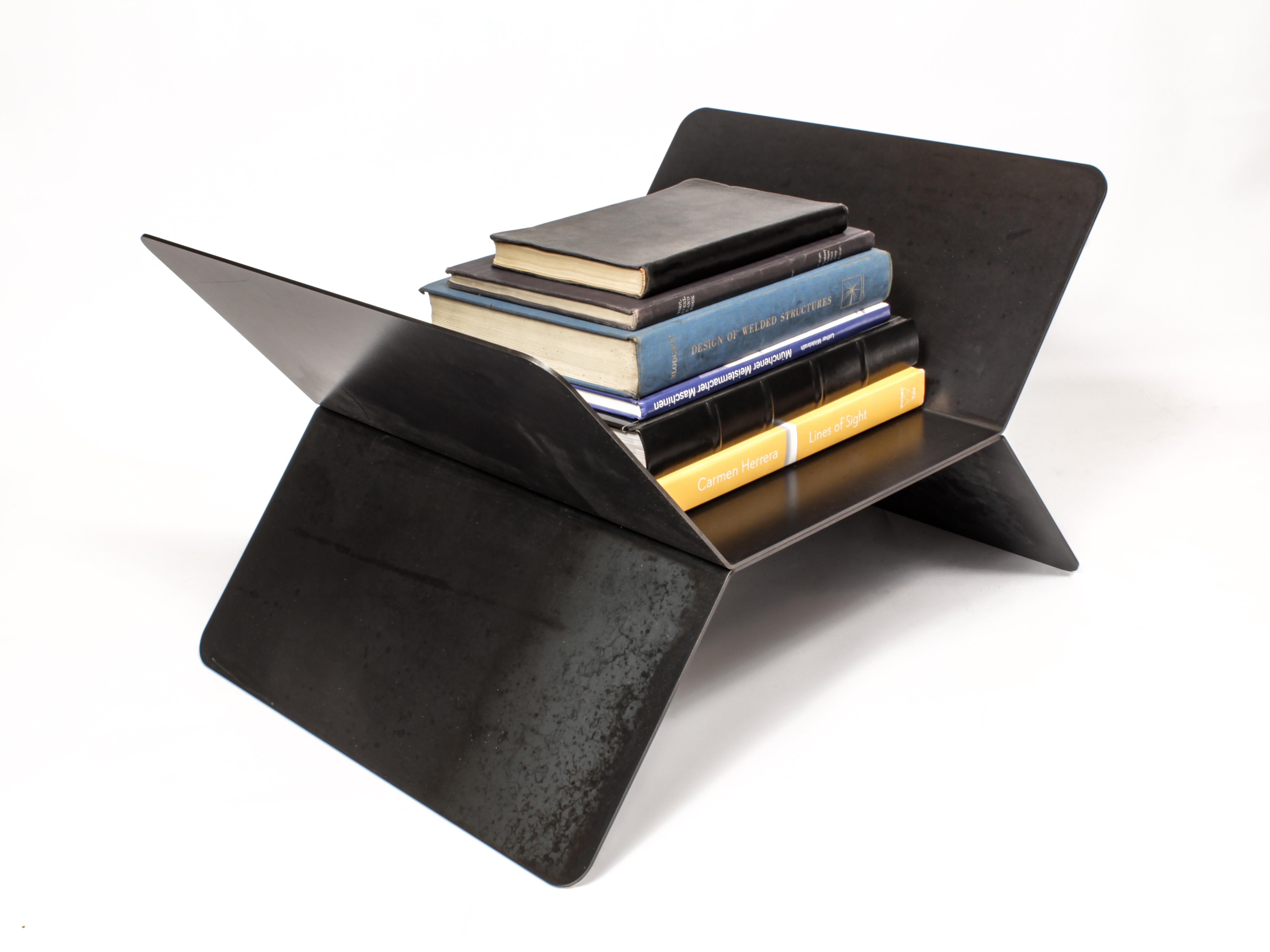 Patinated Modern Multifunctional 'X' Steel Side Table and Rack (Display Model) For Sale