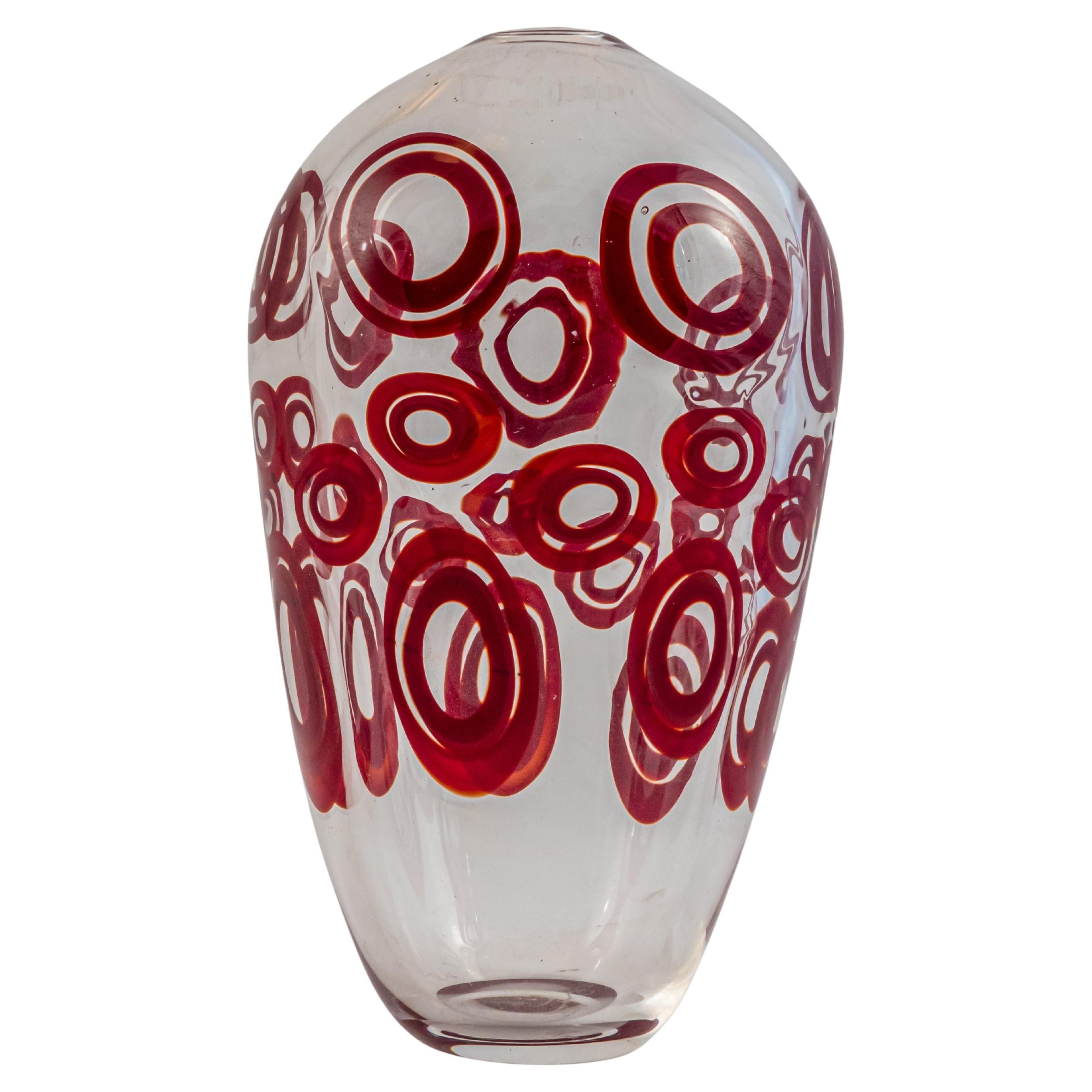 Modern Murano Art Glass Vase, Hand-Crafted, Red Circles, Italy, 1978 For Sale