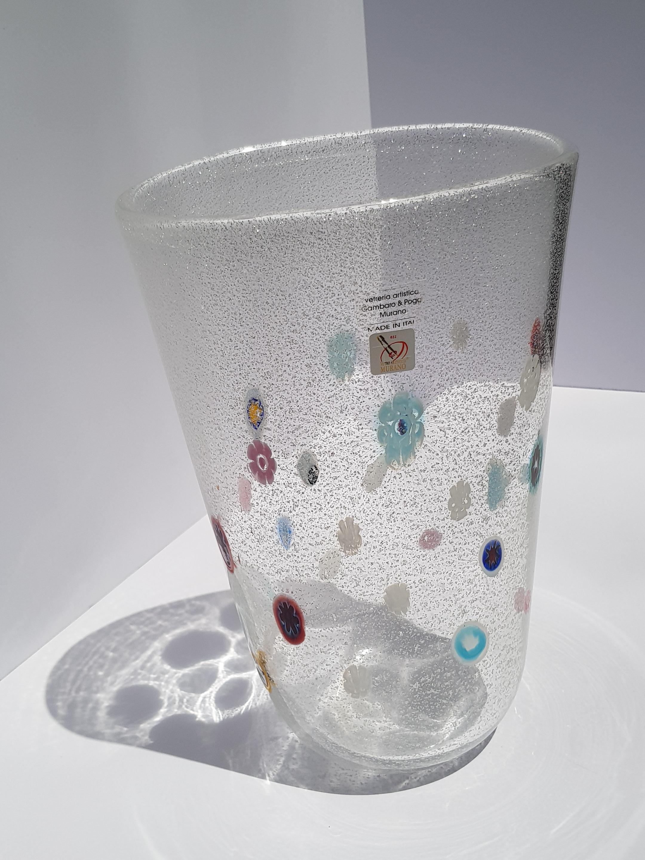 Jarrón moderno de cristal de Murano Gambaro Poggi Hoja de plata Aventurina Murrine Italia en venta 3