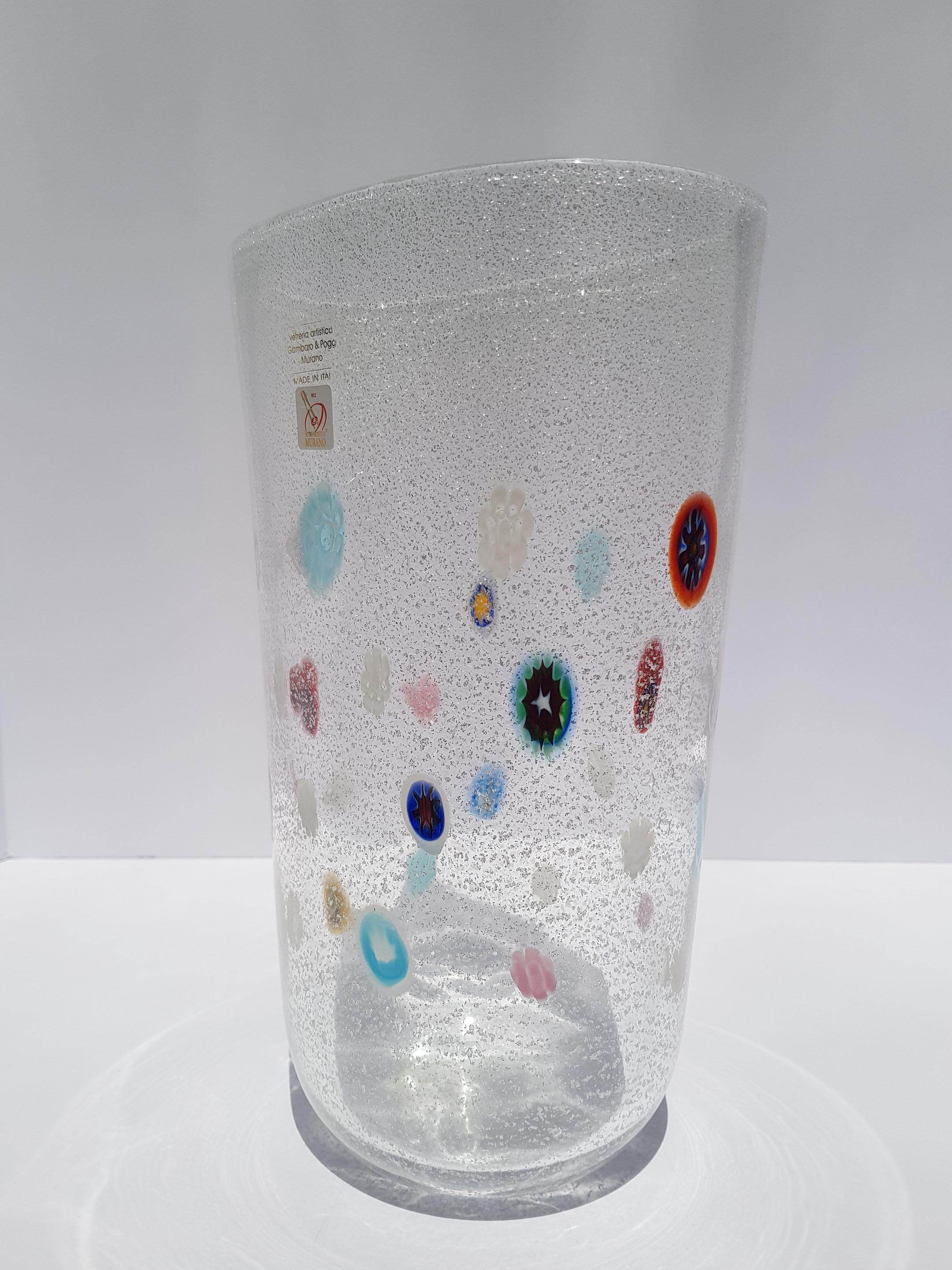 Jarrón moderno de cristal de Murano Gambaro Poggi Hoja de plata Aventurina Murrine Italia Moderno en venta