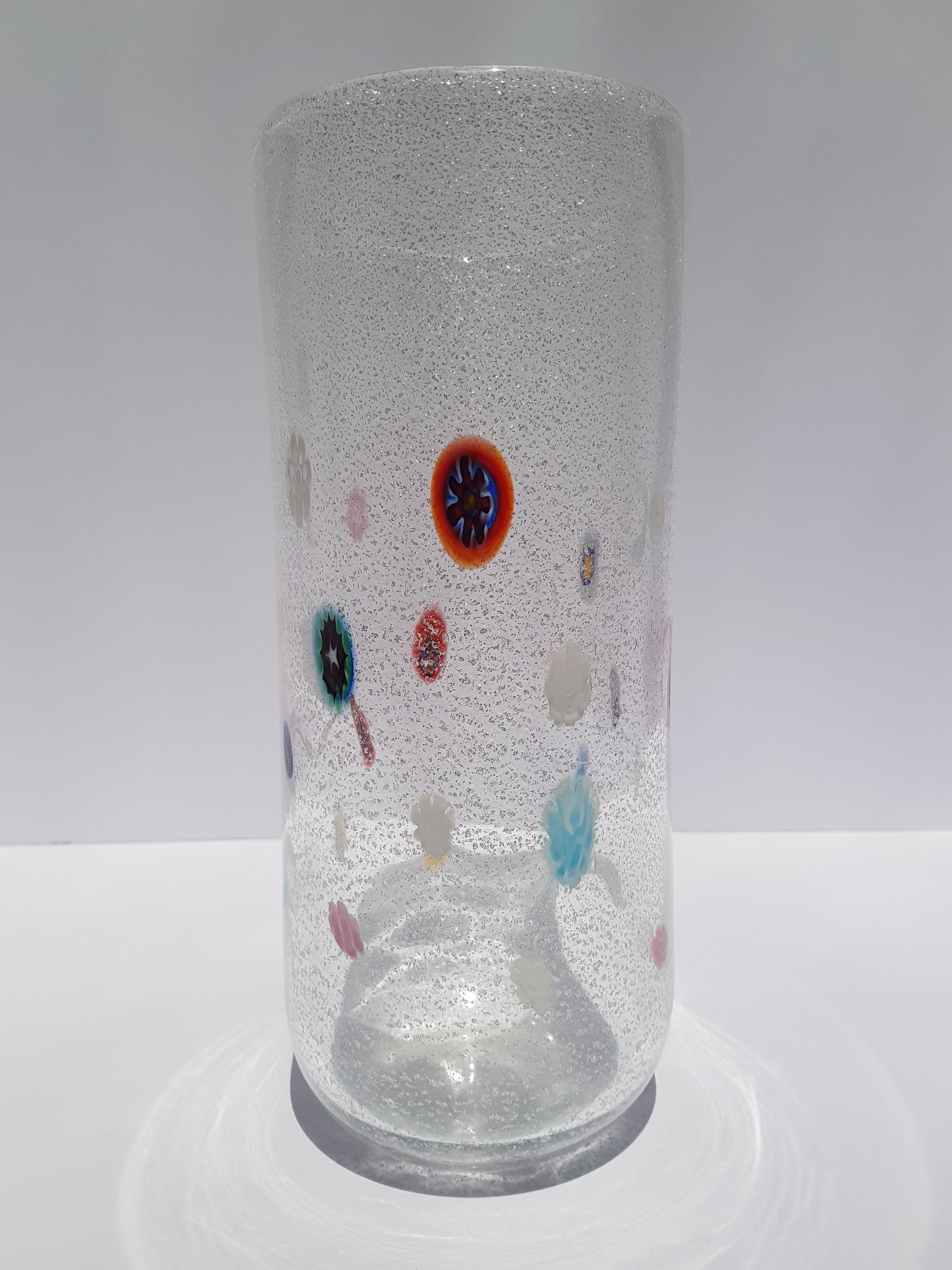 Jarrón moderno de cristal de Murano Gambaro Poggi Hoja de plata Aventurina Murrine Italia Italiano en venta