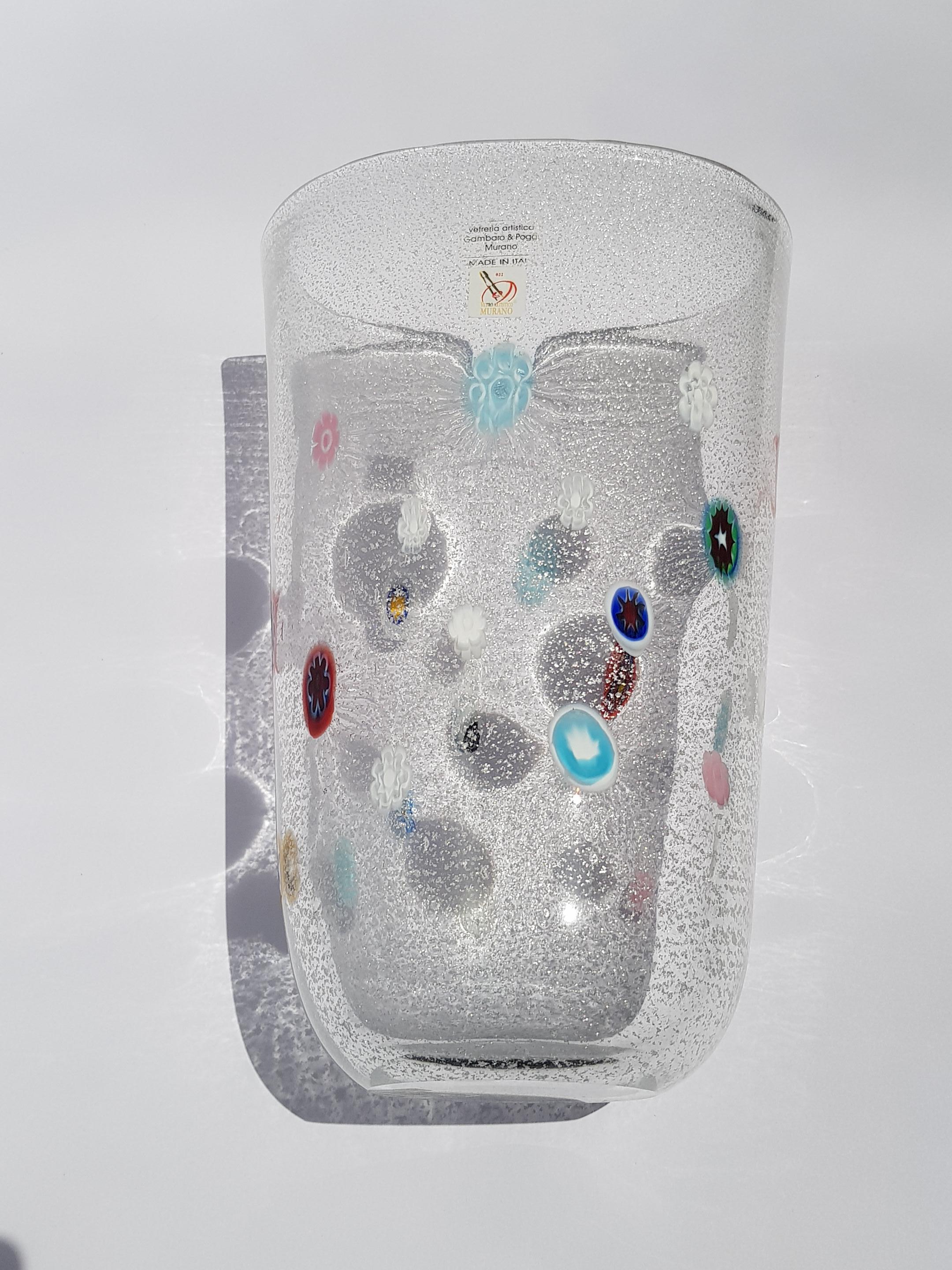 Jarrón moderno de cristal de Murano Gambaro Poggi Hoja de plata Aventurina Murrine Italia en venta 1