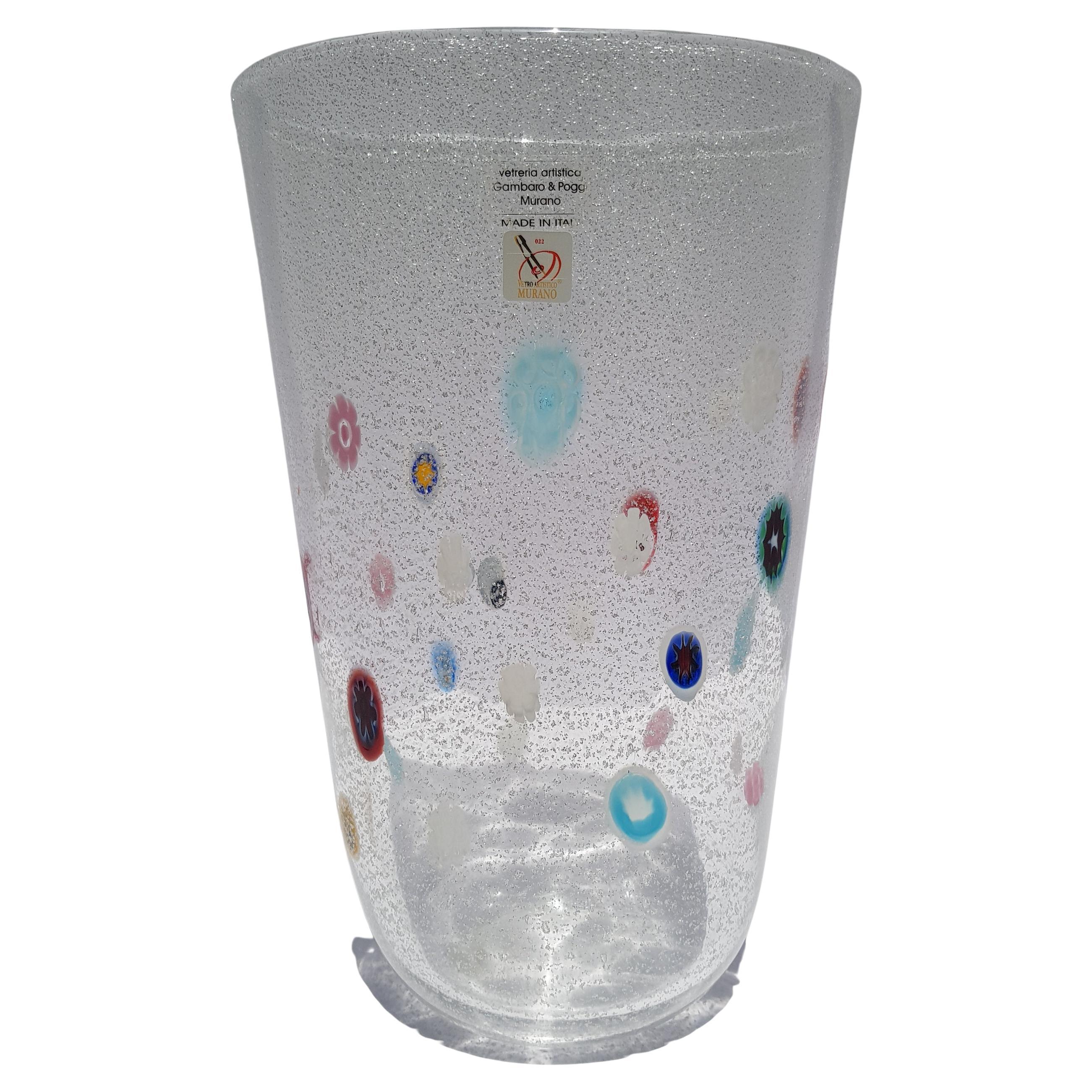 Jarrón moderno de cristal de Murano Gambaro Poggi Hoja de plata Aventurina Murrine Italia en venta