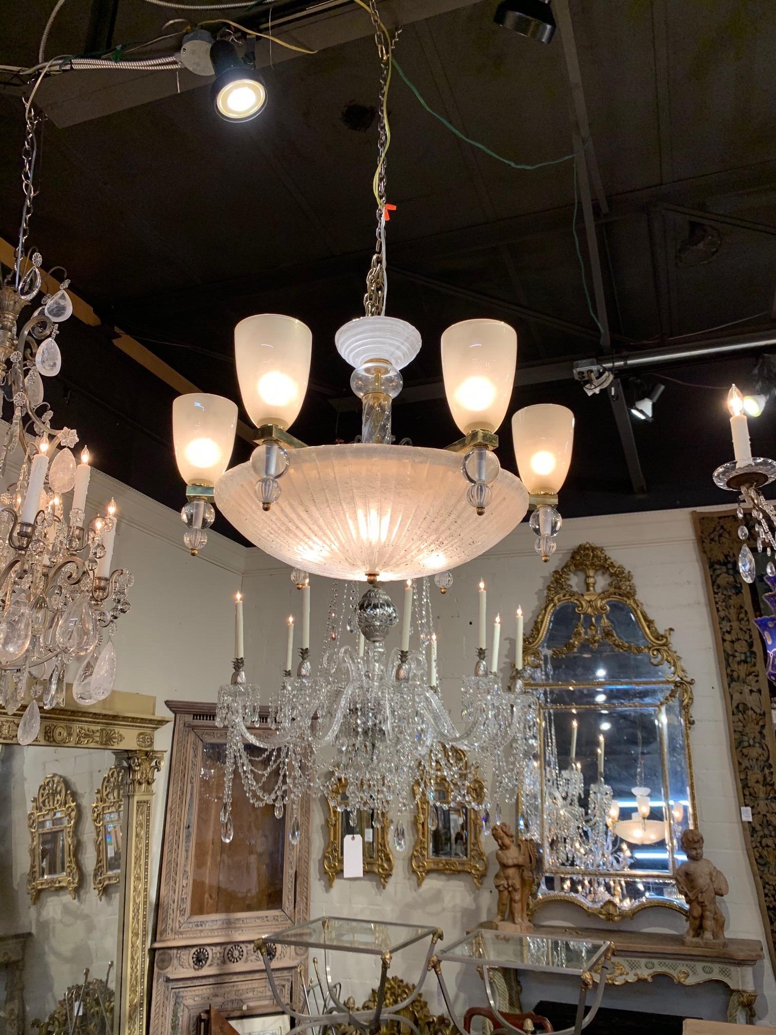 Exquisite modern Murano glass 6-arm chandelier. Beautiful texture on the glass bowl. And the each arm is adorned with a variety of colored and clear glass. A true work of art!