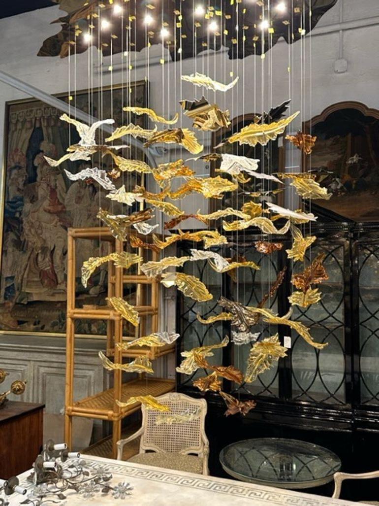 Italian Modern Murano Glass and Brass Autumn Leaf Suspension Chandelier For Sale
