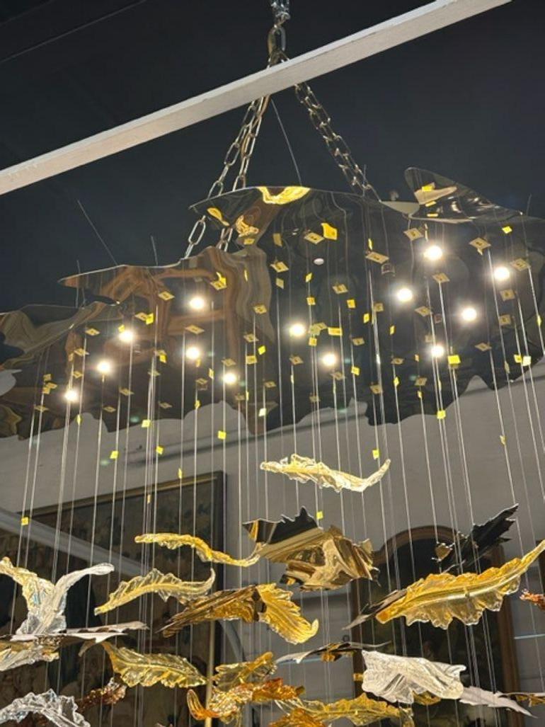 Contemporary Modern Murano Glass and Brass Autumn Leaf Suspension Chandelier For Sale