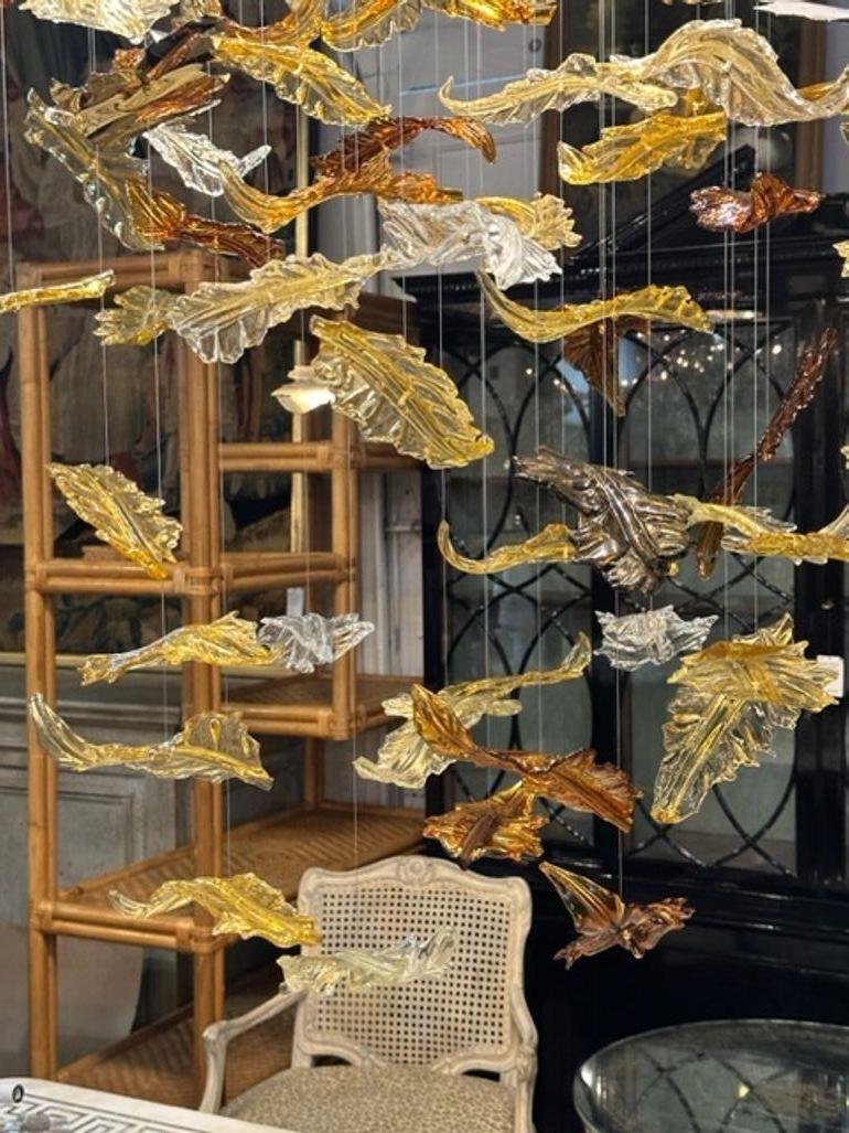 Modern Murano Glass and Brass Autumn Leaf Suspension Chandelier For Sale 1