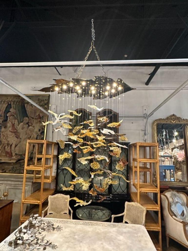 Modern Murano Glass and Brass Autumn Leaf Suspension Chandelier For Sale 2