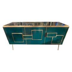 Modern Murano Glass and Brass Cabinet in Peacock Plume Green
