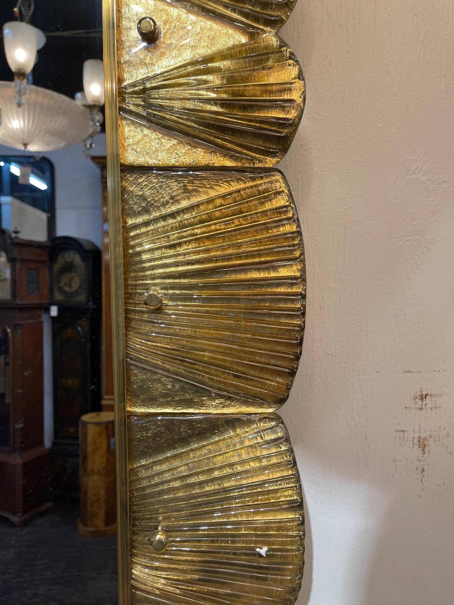 Italian Modern Murano Glass and Brass Gold Ruffle Mirror For Sale