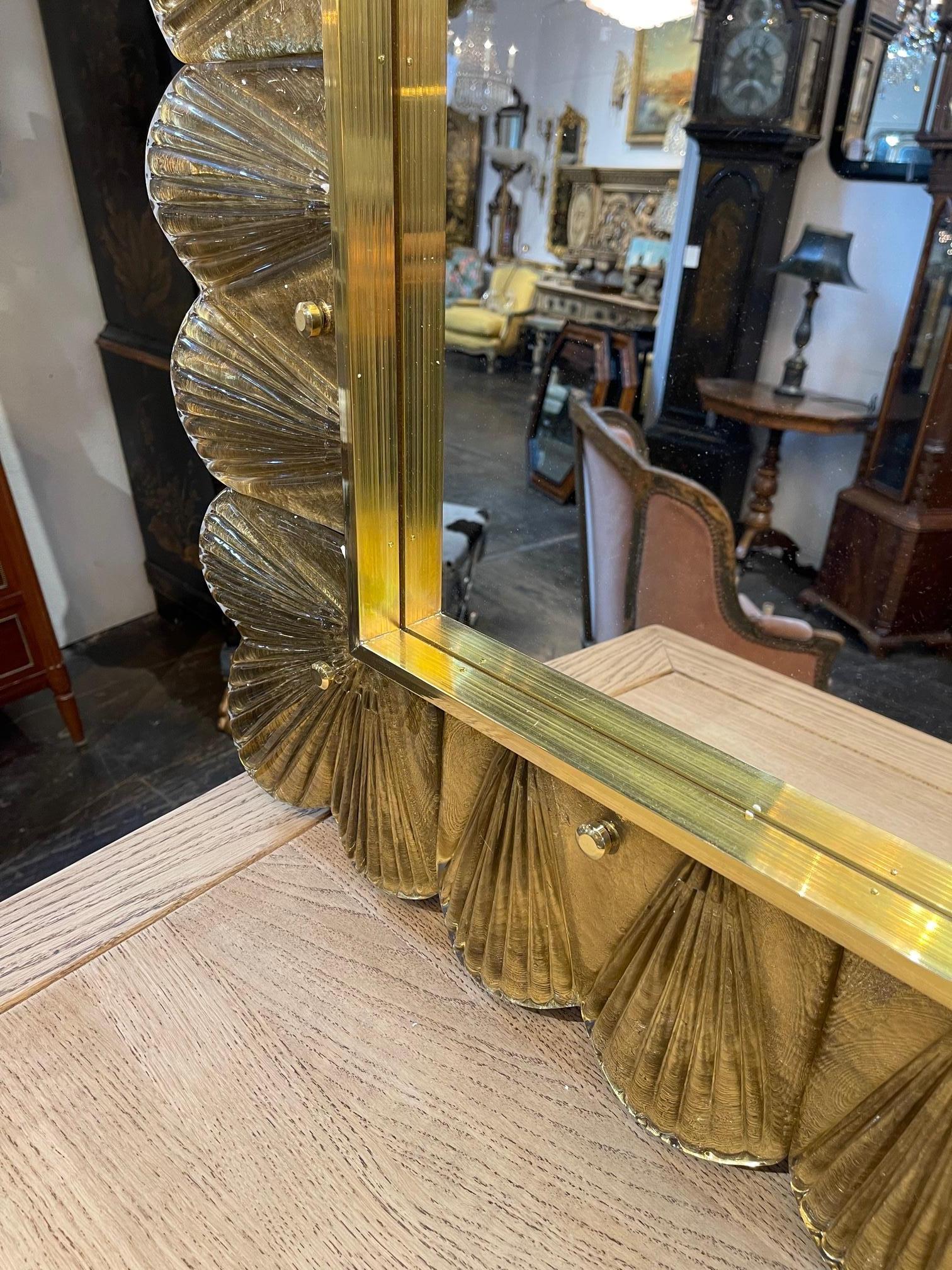 Modern Murano Glass and Brass Gold Ruffle Mirror In Good Condition For Sale In Dallas, TX