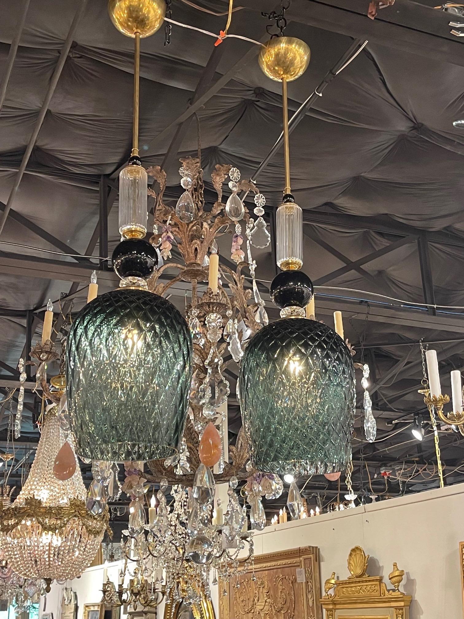 Gorgeous pair of modern murano glass and brass pendant lights. Beautiful deep green colored glass along with black and transparent glass. Very stylish! Note price listed is for one.